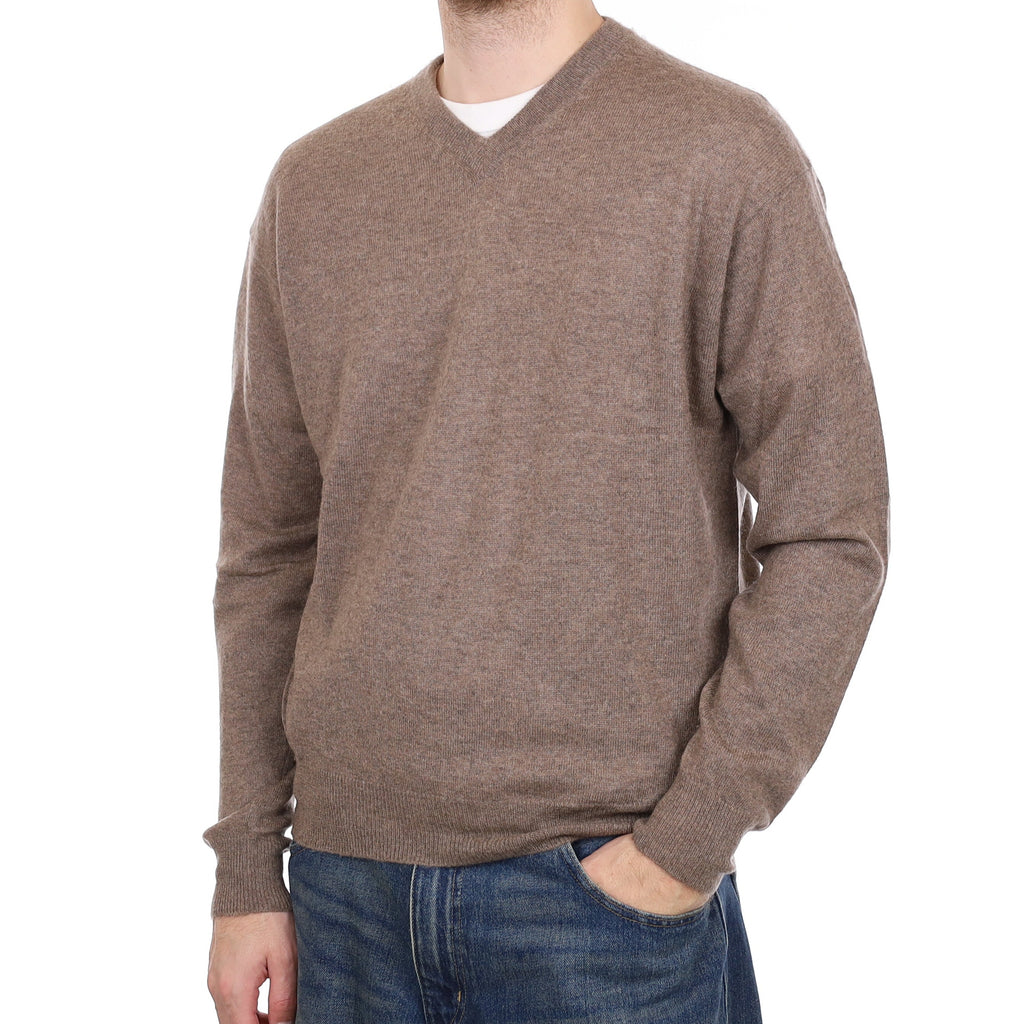 Men's Taupe Brown Cashmere V Neck Jumper Medium