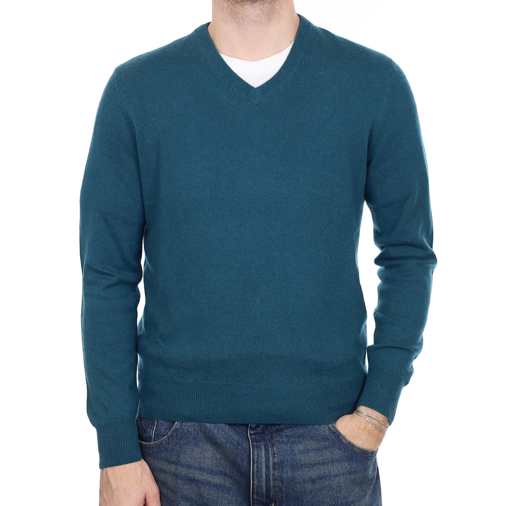 Men's Teal Blue Cashmere V Neck Jumper Medium