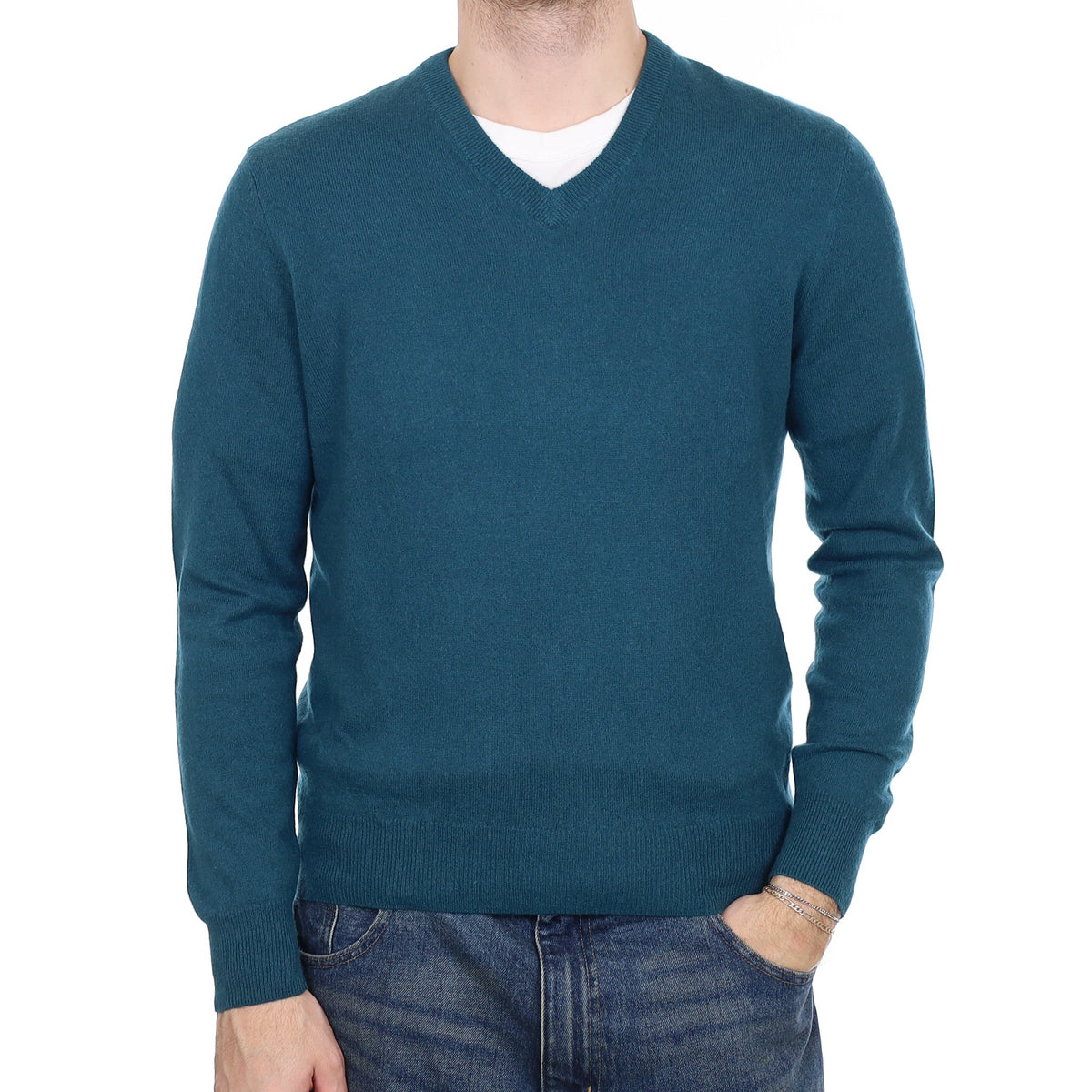 Men's Teal Blue Cashmere V Neck Jumper Medium