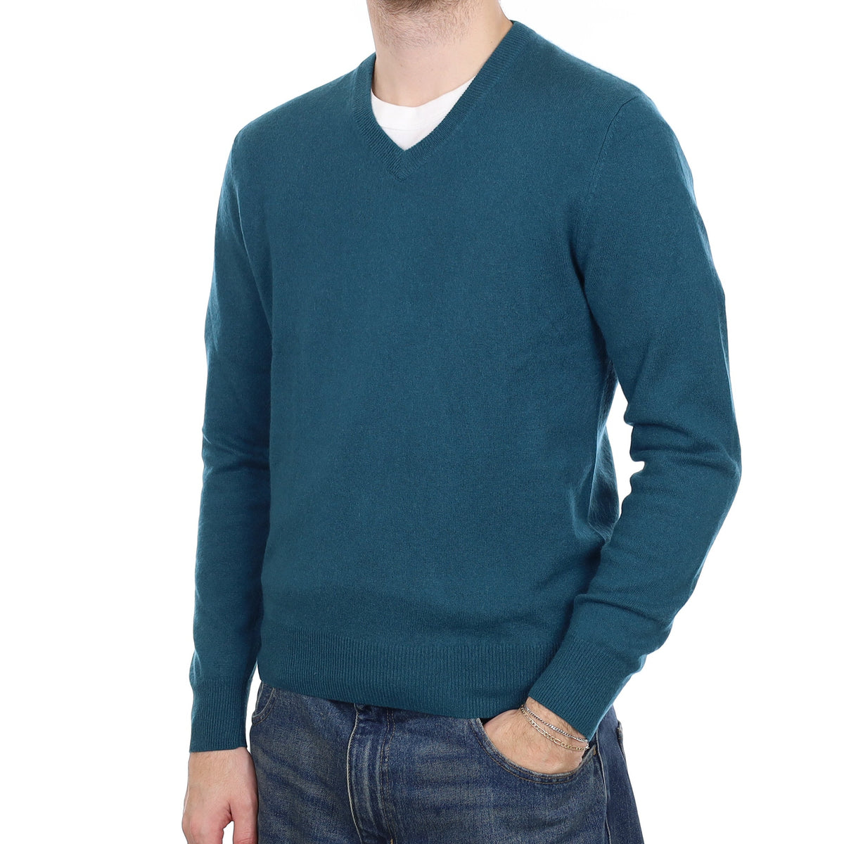 Men's Teal Blue Cashmere V Neck Jumper Medium
