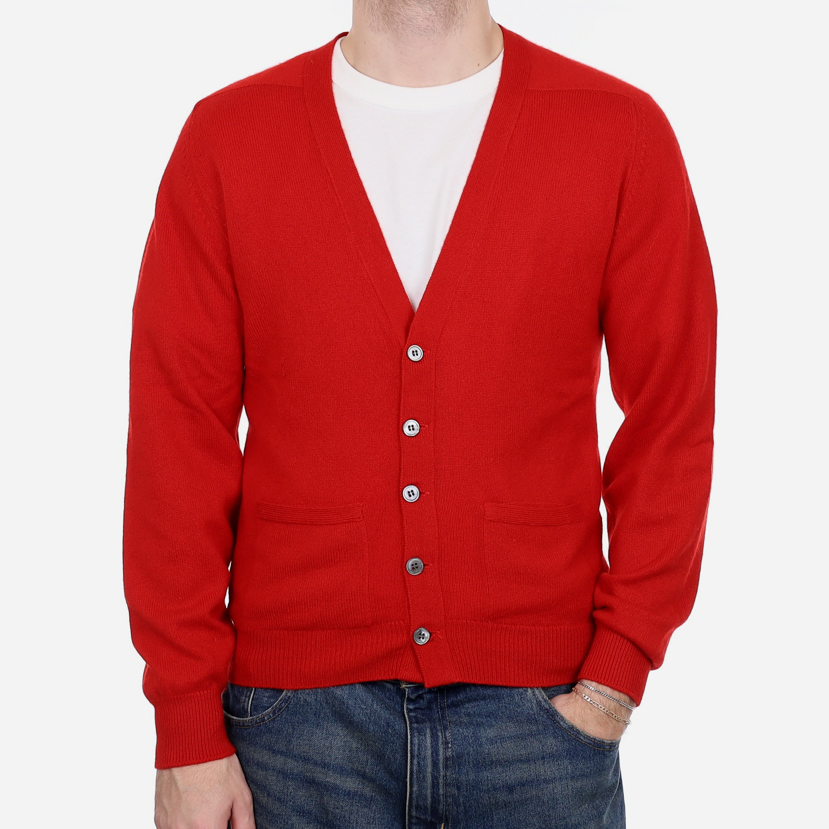 Men's Vintage Pringle Vermillion Red Cashmere V Neck Cardigan Medium