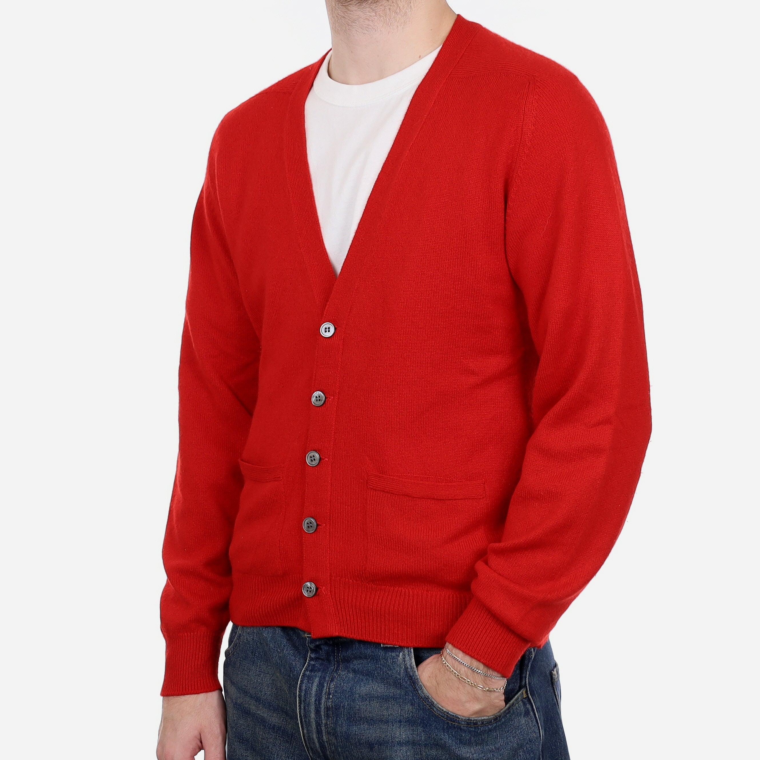 Men's Vintage Pringle Vermillion Red Cashmere V Neck Cardigan Medium