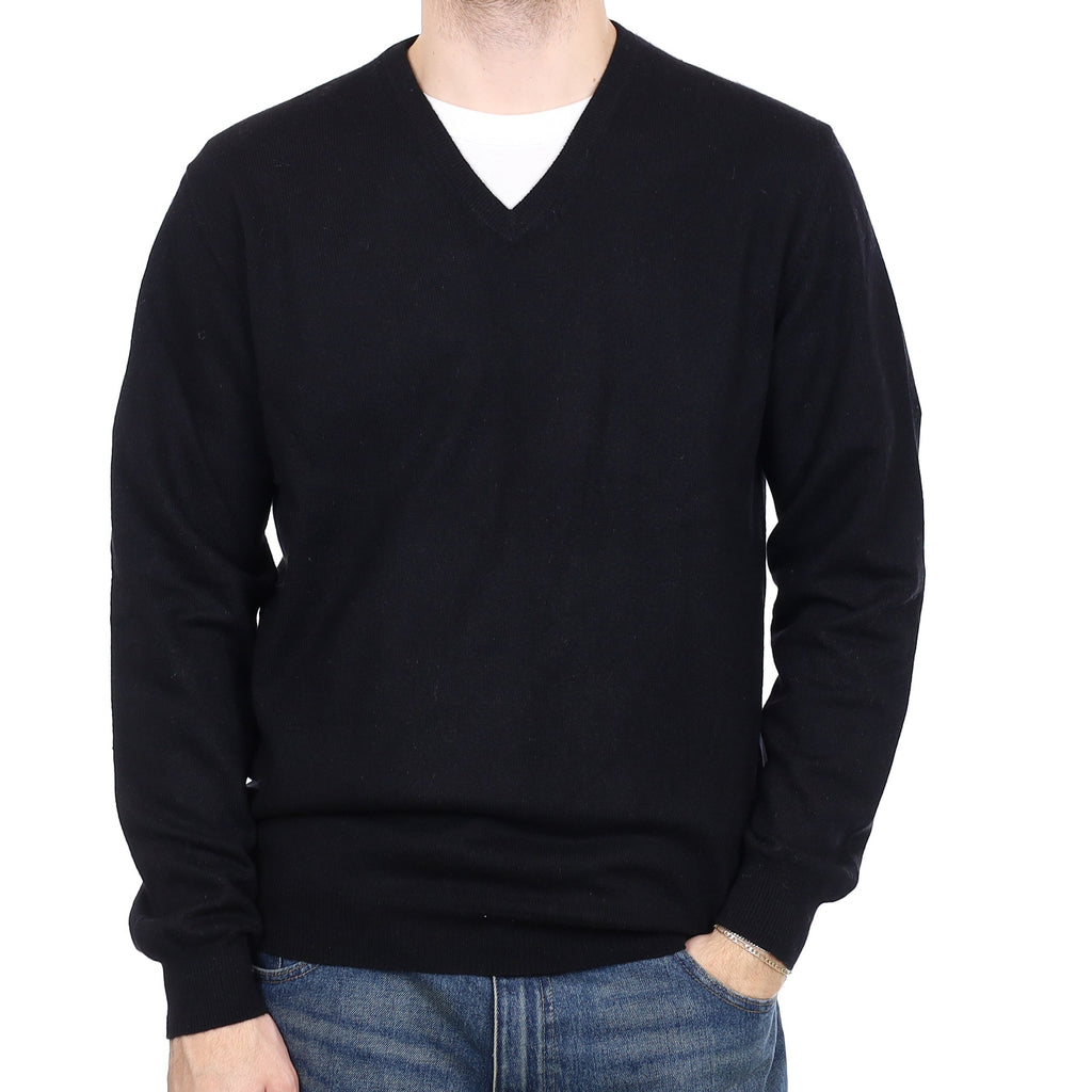 Men's Black Cashmere V Neck Jumper Medium