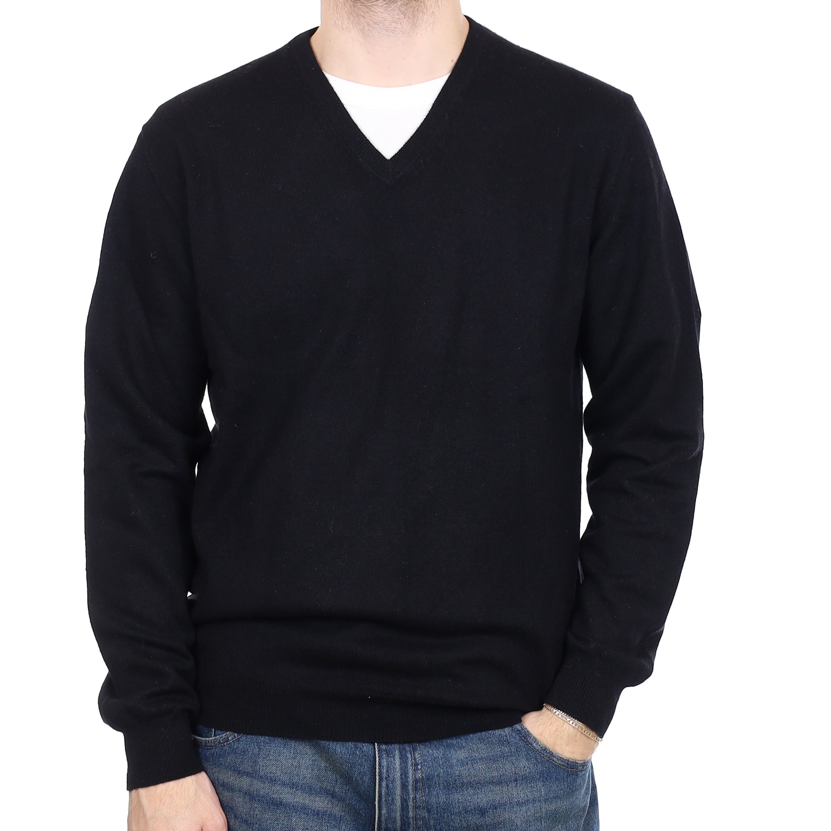 Men's Black Cashmere V Neck Jumper Medium