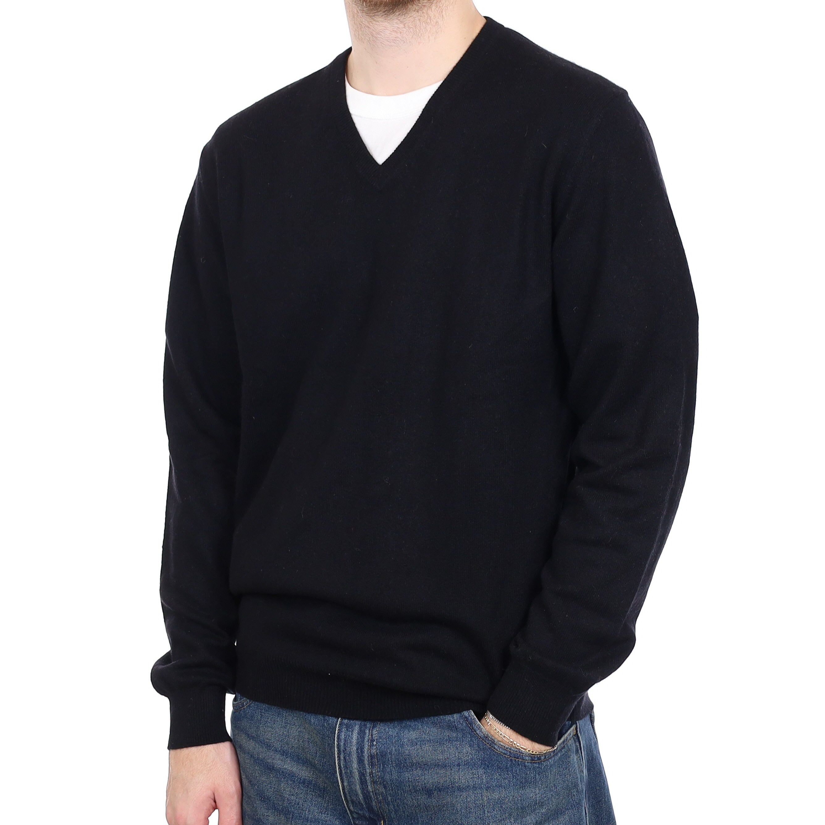 Men's Black Cashmere V Neck Jumper Medium