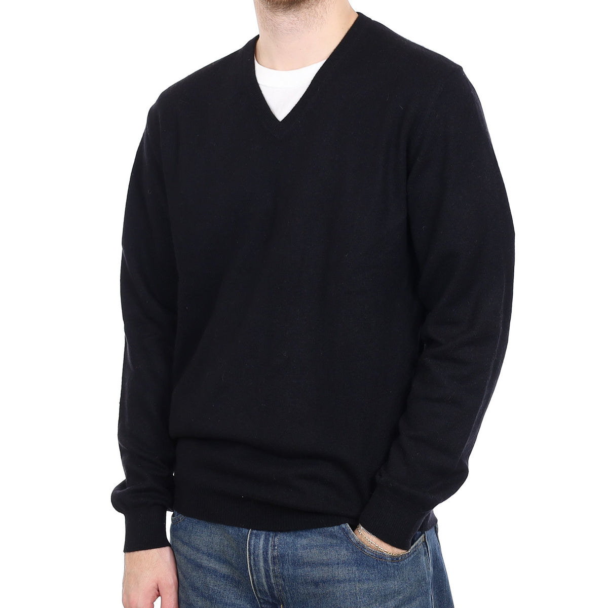 Men's Black Cashmere V Neck Jumper Medium