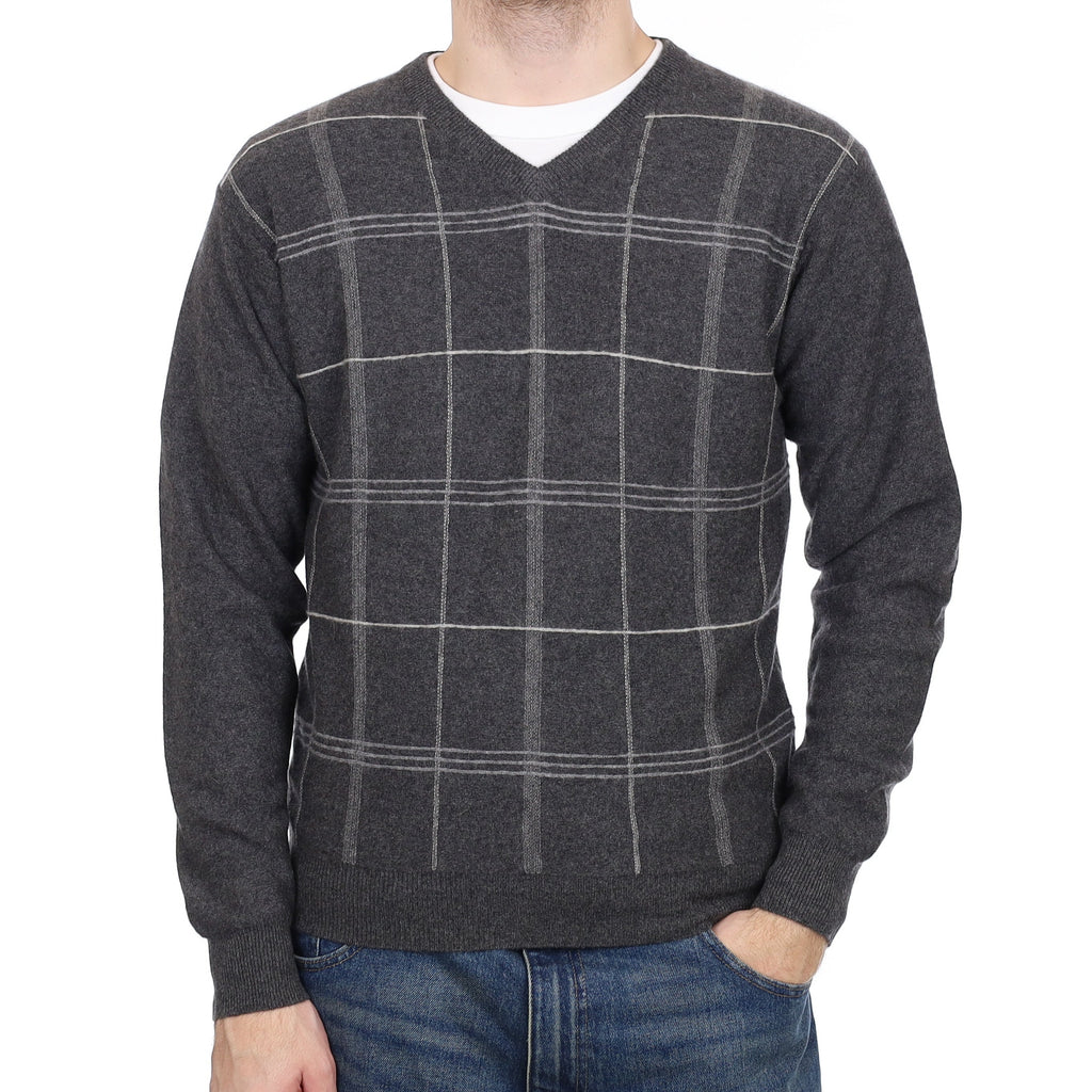 Men's Slate Grey Checked Cashmere V Neck Jumper Medium