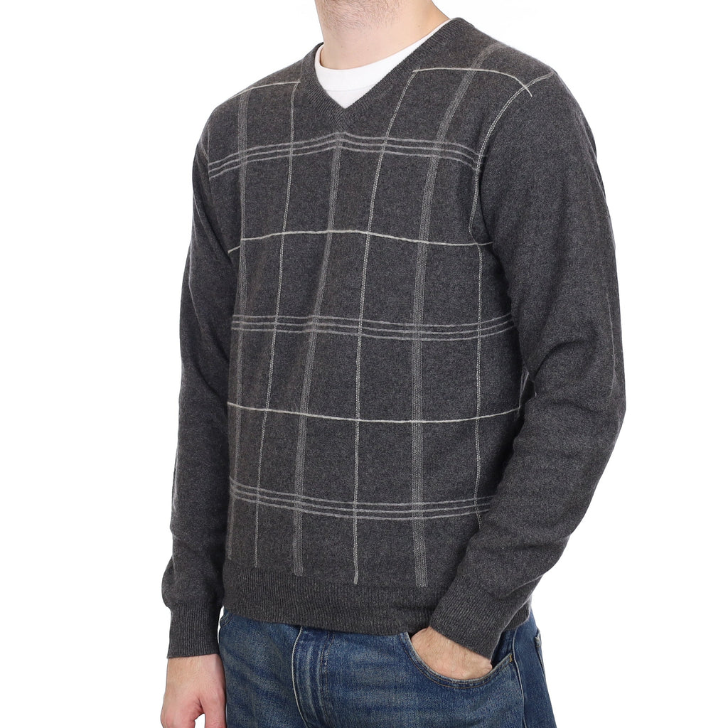 Men's Slate Grey Checked Cashmere V Neck Jumper Medium