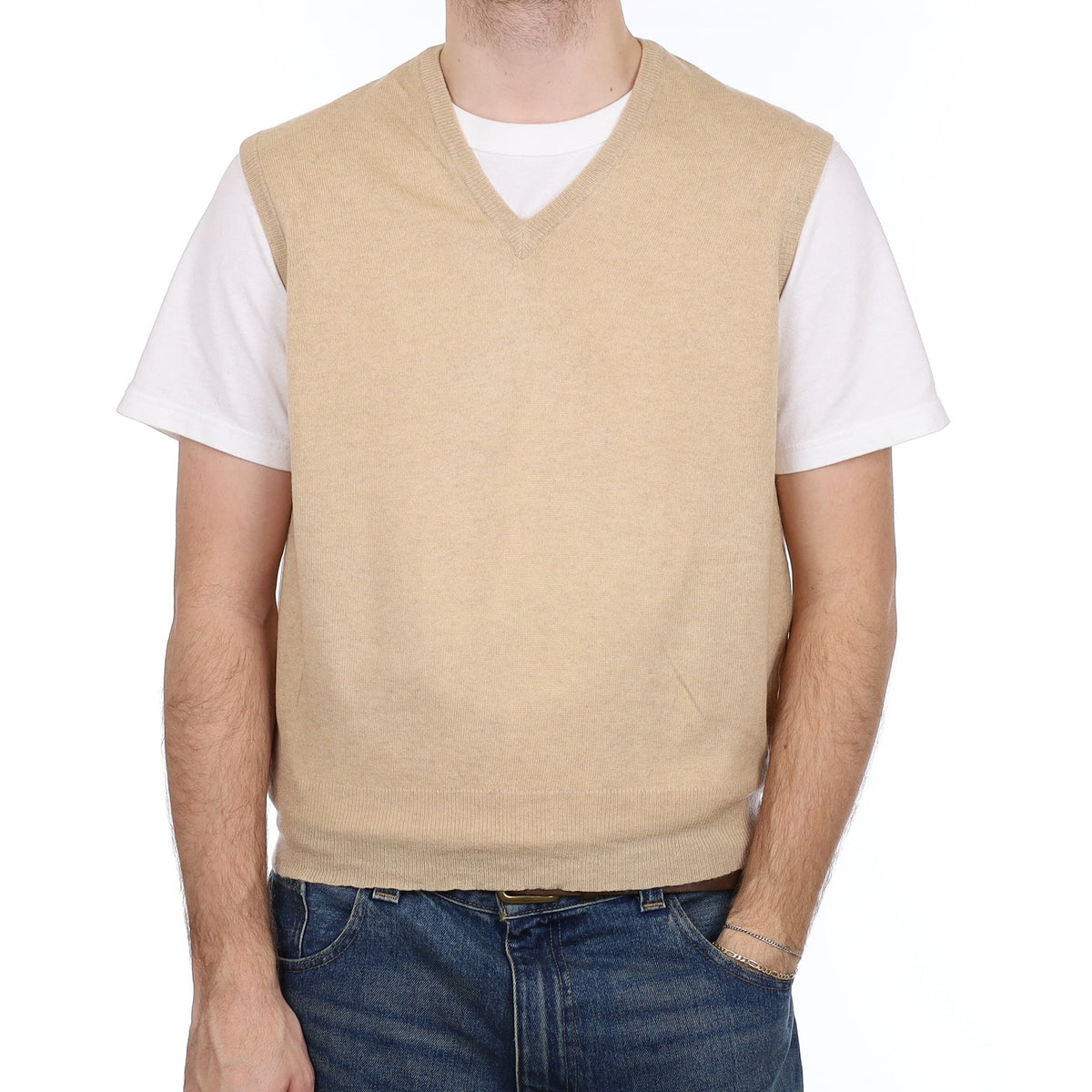 Men's Sand Beige Cashmere V Neck Tank Top Medium
