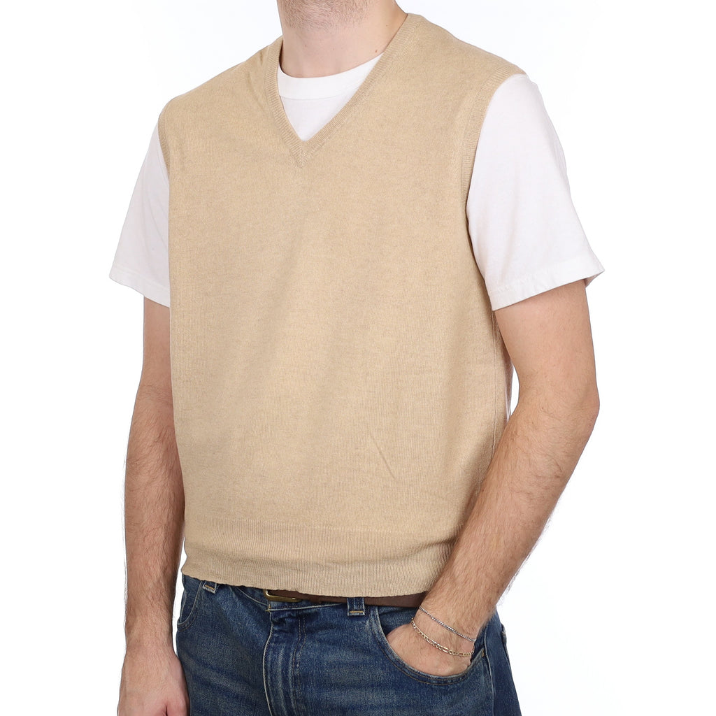 Men's Sand Beige Cashmere V Neck Tank Top Medium