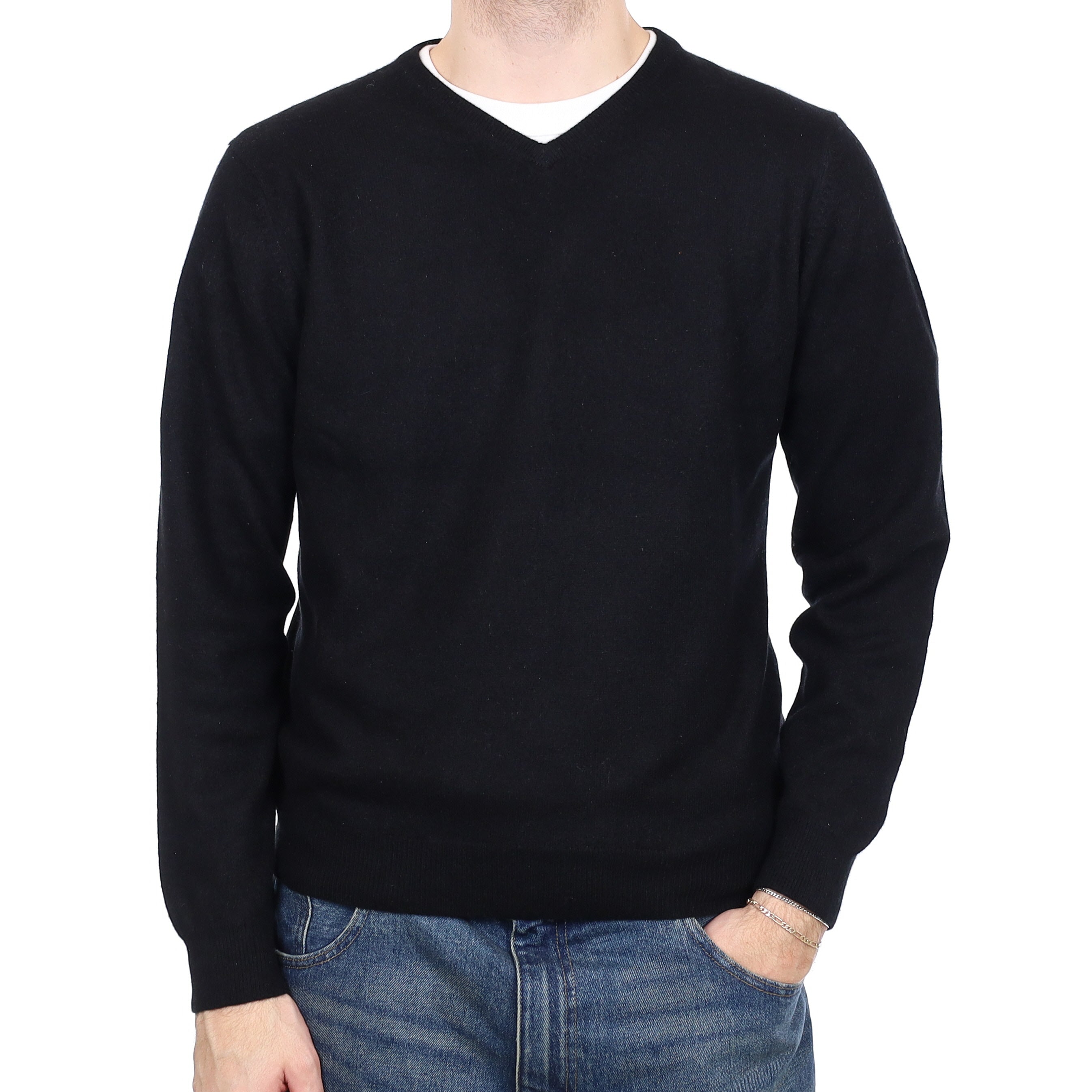 Men's Black Cashmere V Neck Jumper Medium