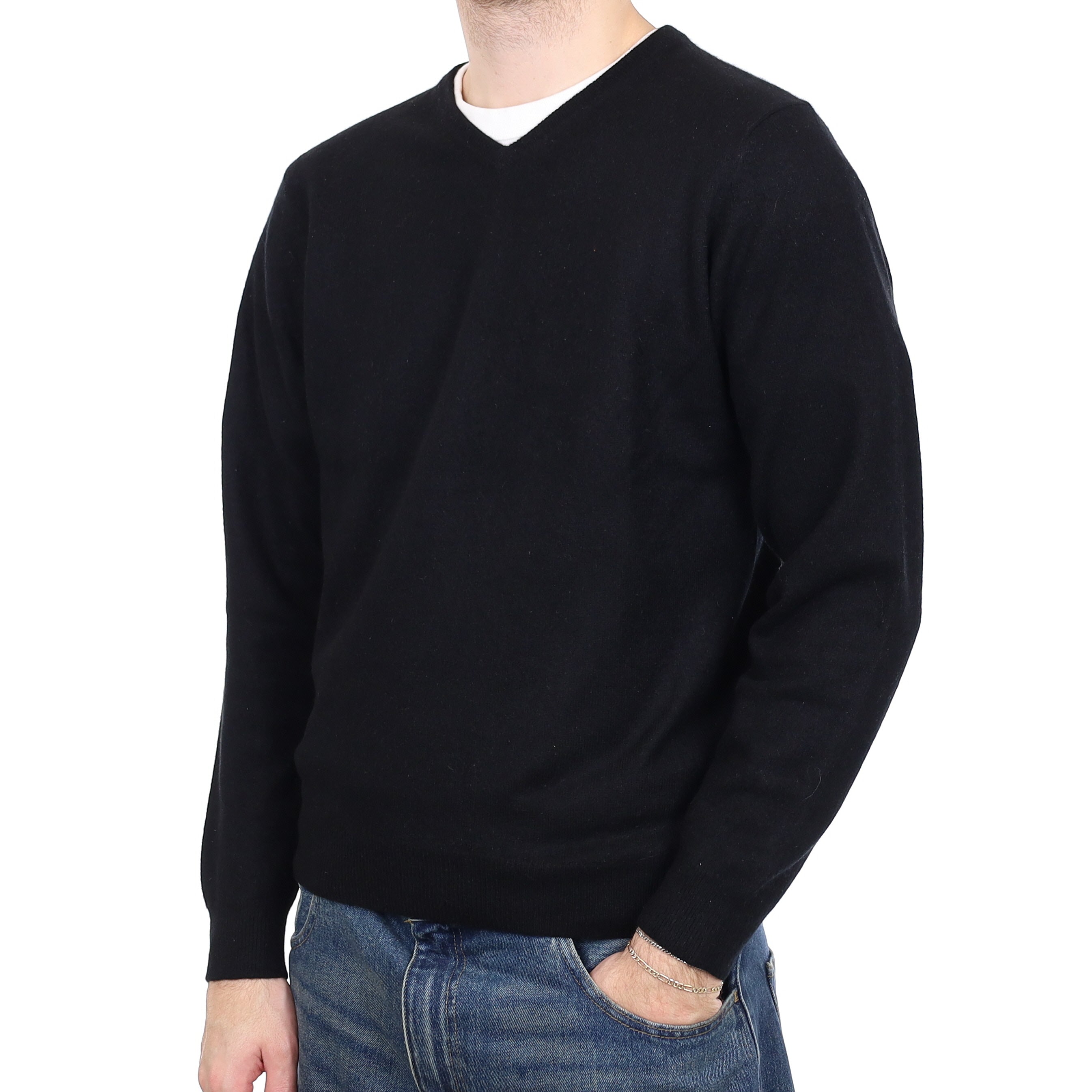 Men's Black Cashmere V Neck Jumper Medium