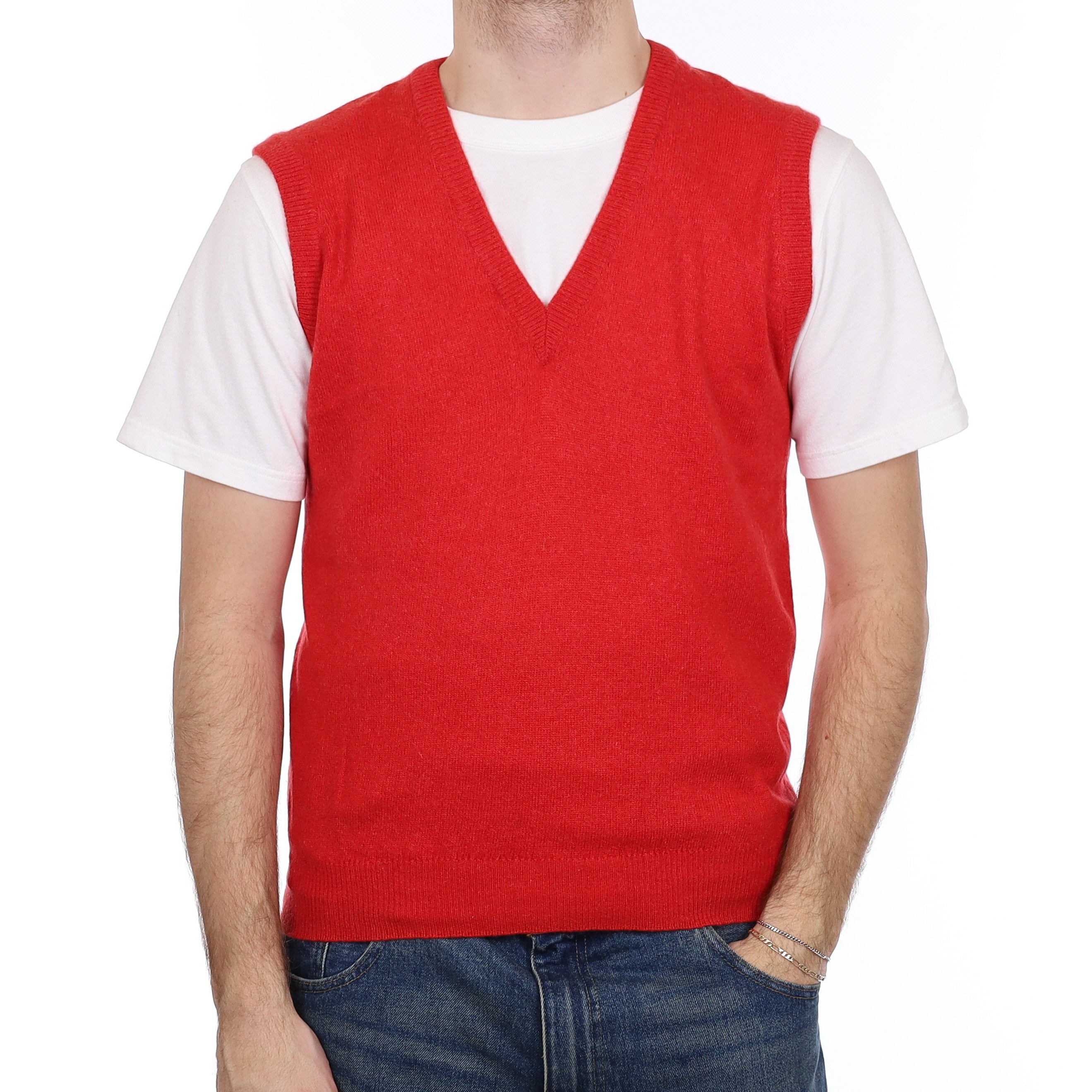 Men's Vermillion Red Cashmere V Neck Tank Top Medium