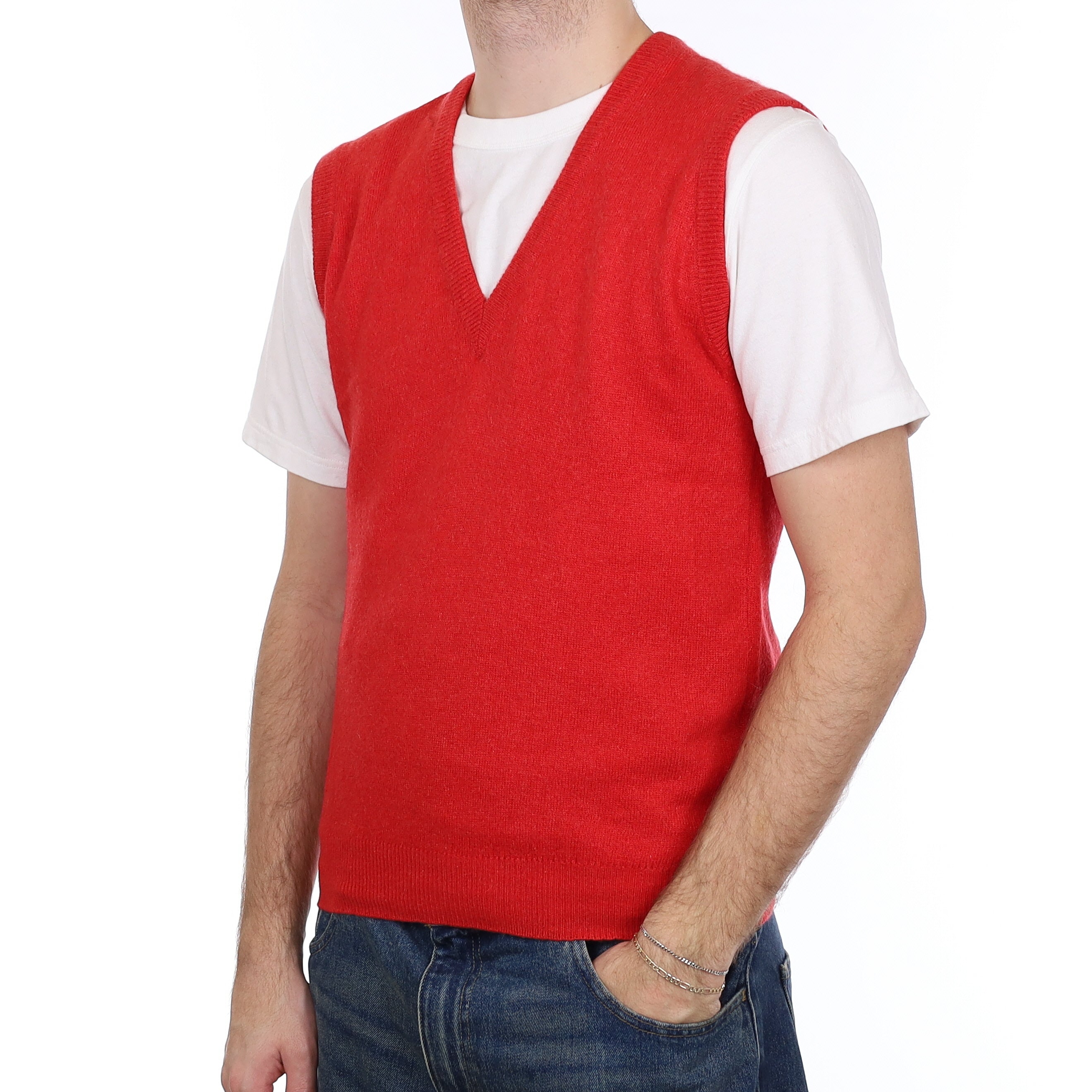 Men's Vermillion Red Cashmere V Neck Tank Top Medium