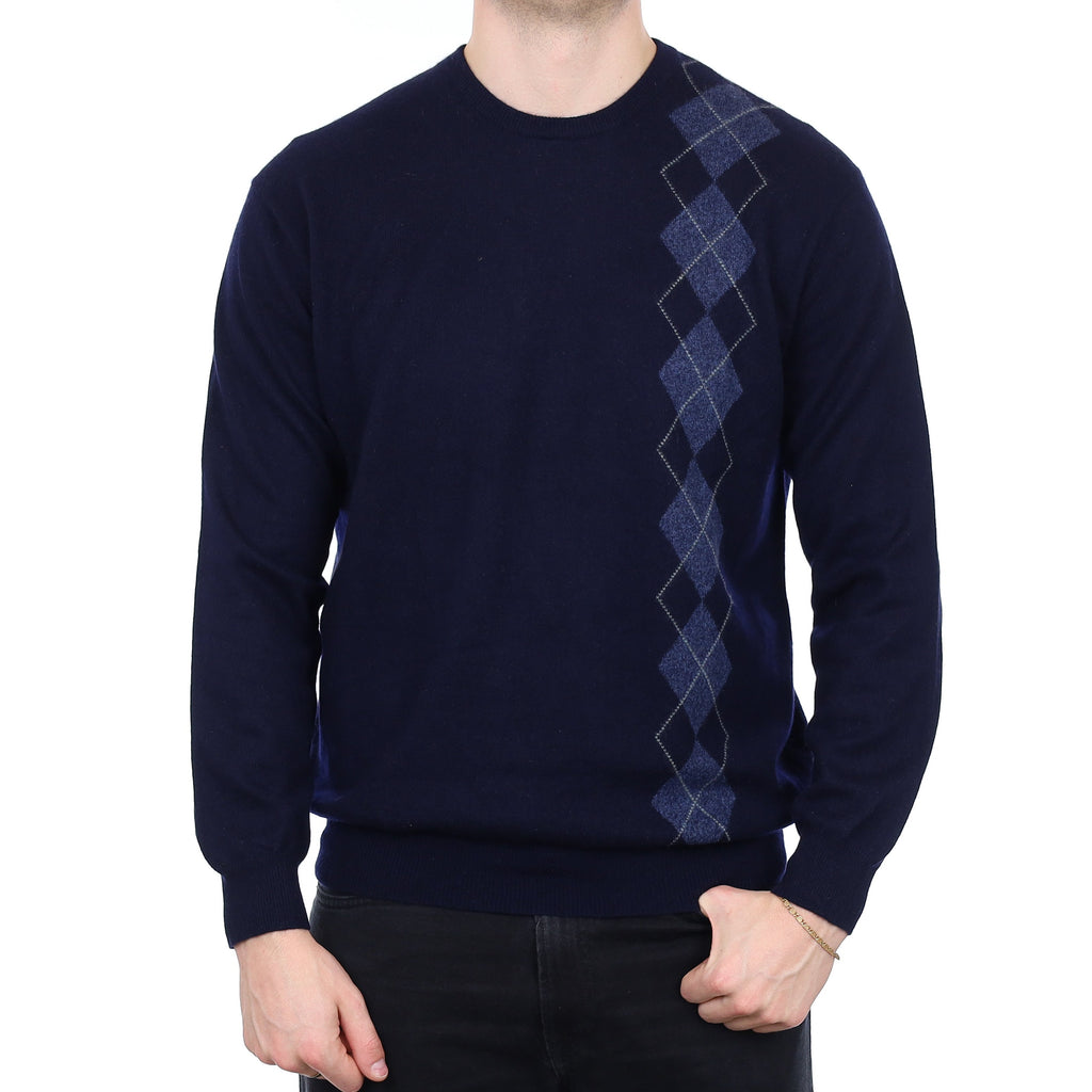 Men's Navy and Blue Diamond Cashmere Crew Neck Jumper XL
