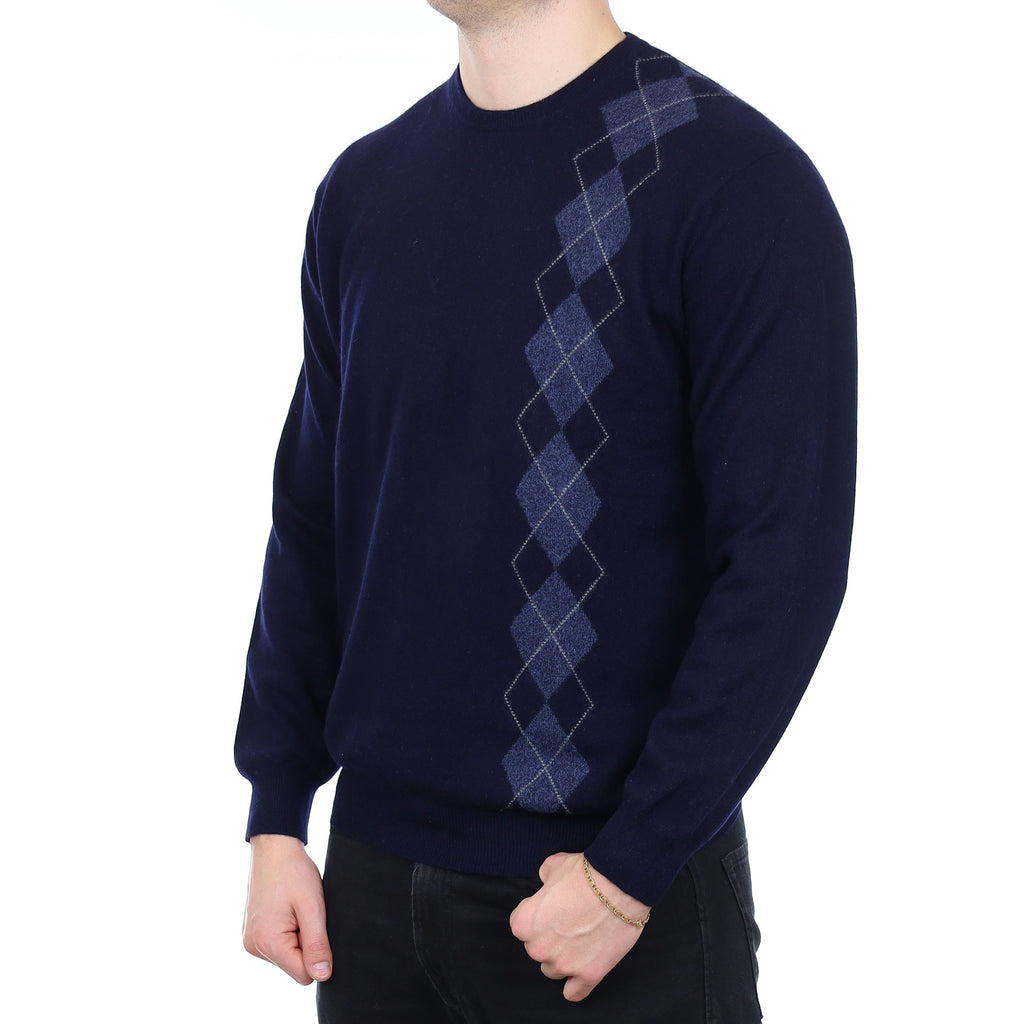 Men's Navy and Blue Diamond Cashmere Crew Neck Jumper XL