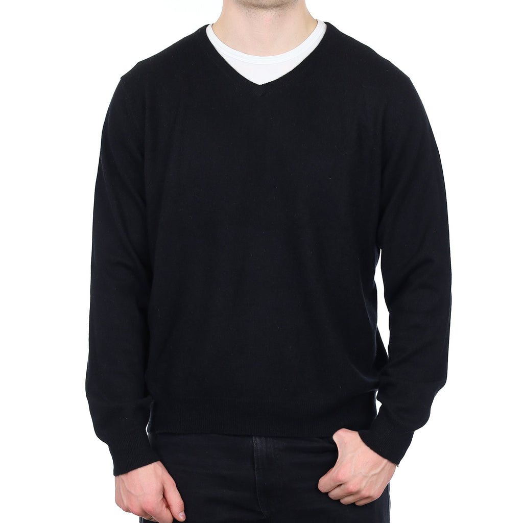 Men's Black Cashmere V Neck Jumper XL