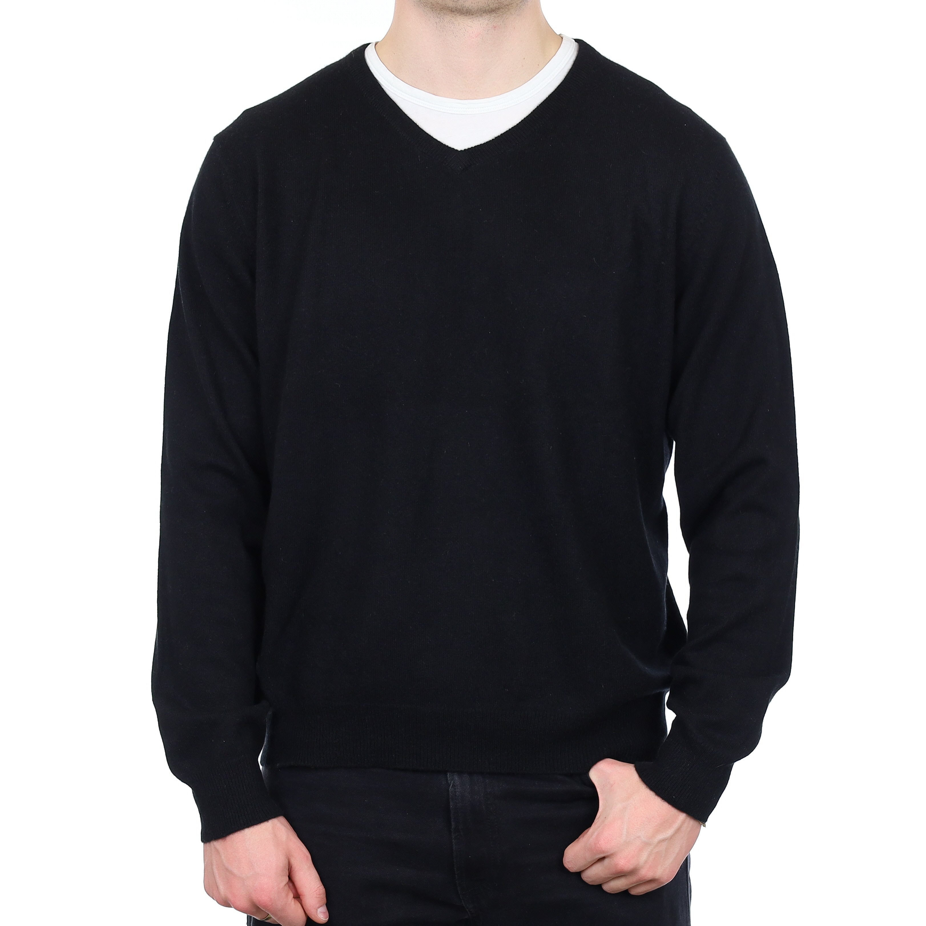 Men's Black Cashmere V Neck Jumper XL