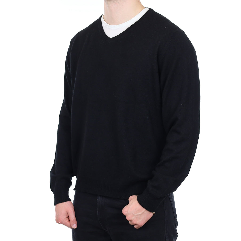 Men's Black Cashmere V Neck Jumper XL