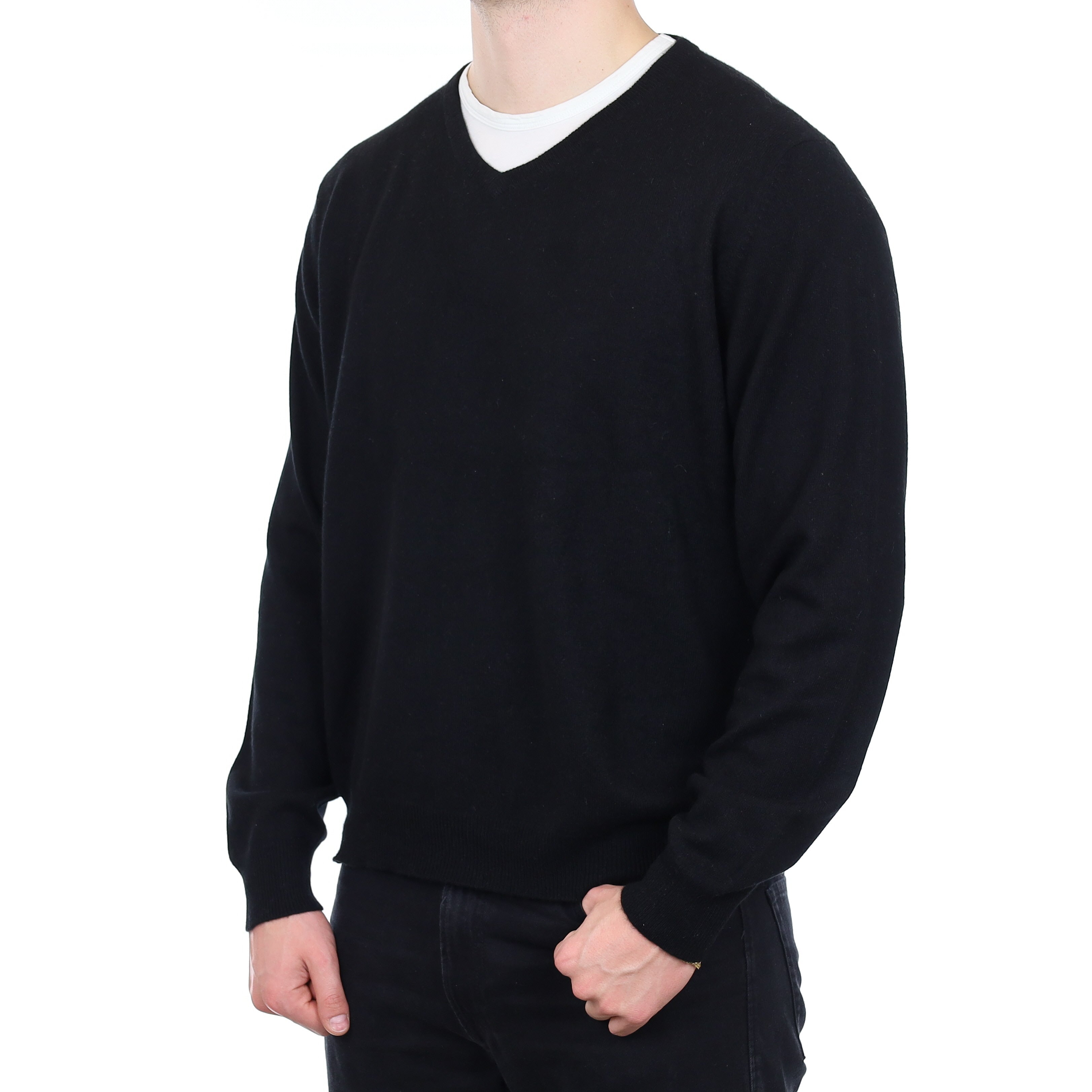Men's Black Cashmere V Neck Jumper XL