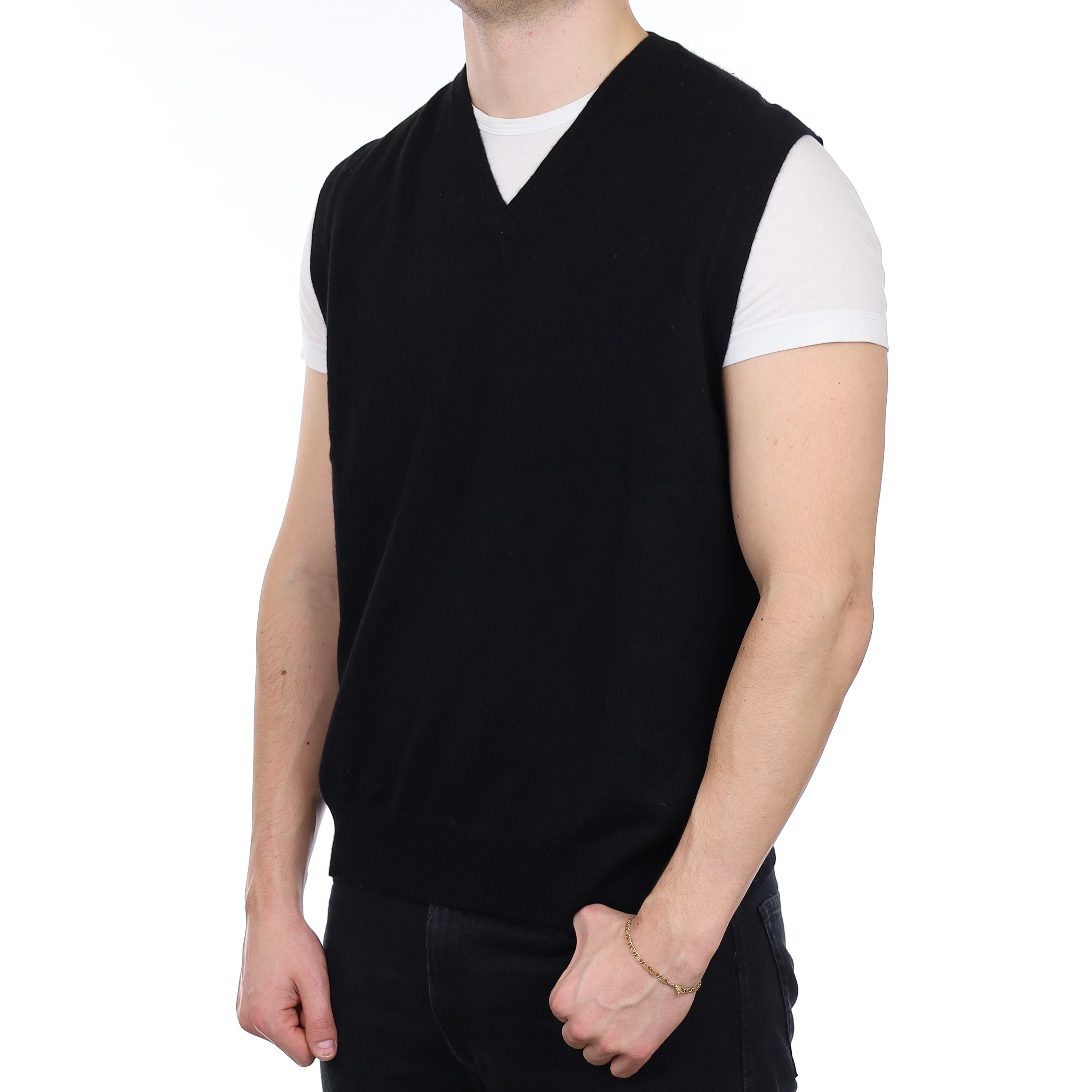Men's Black Cashmere V Neck Tank Top XL