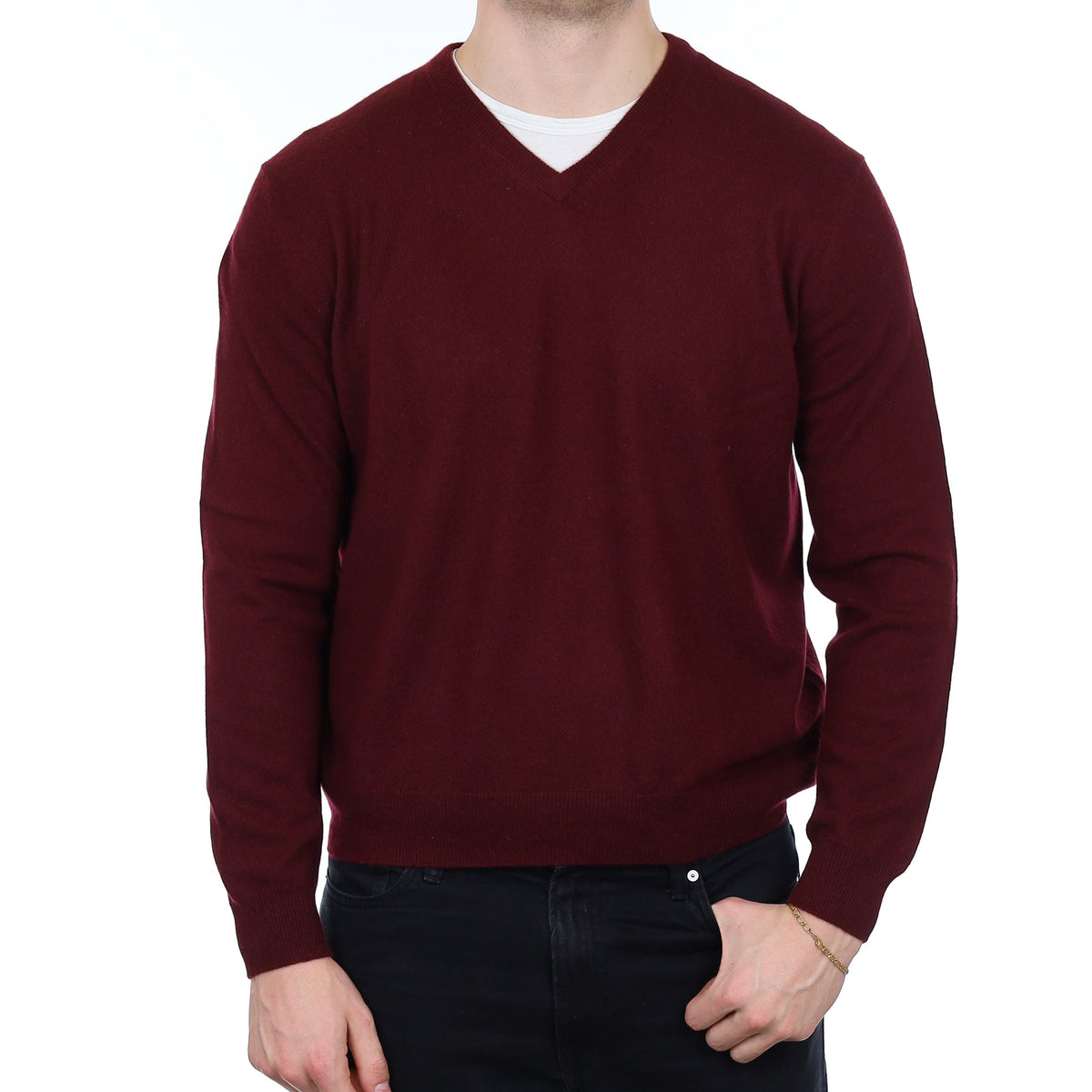 Men's Port Red Cashmere V Neck Jumper XL