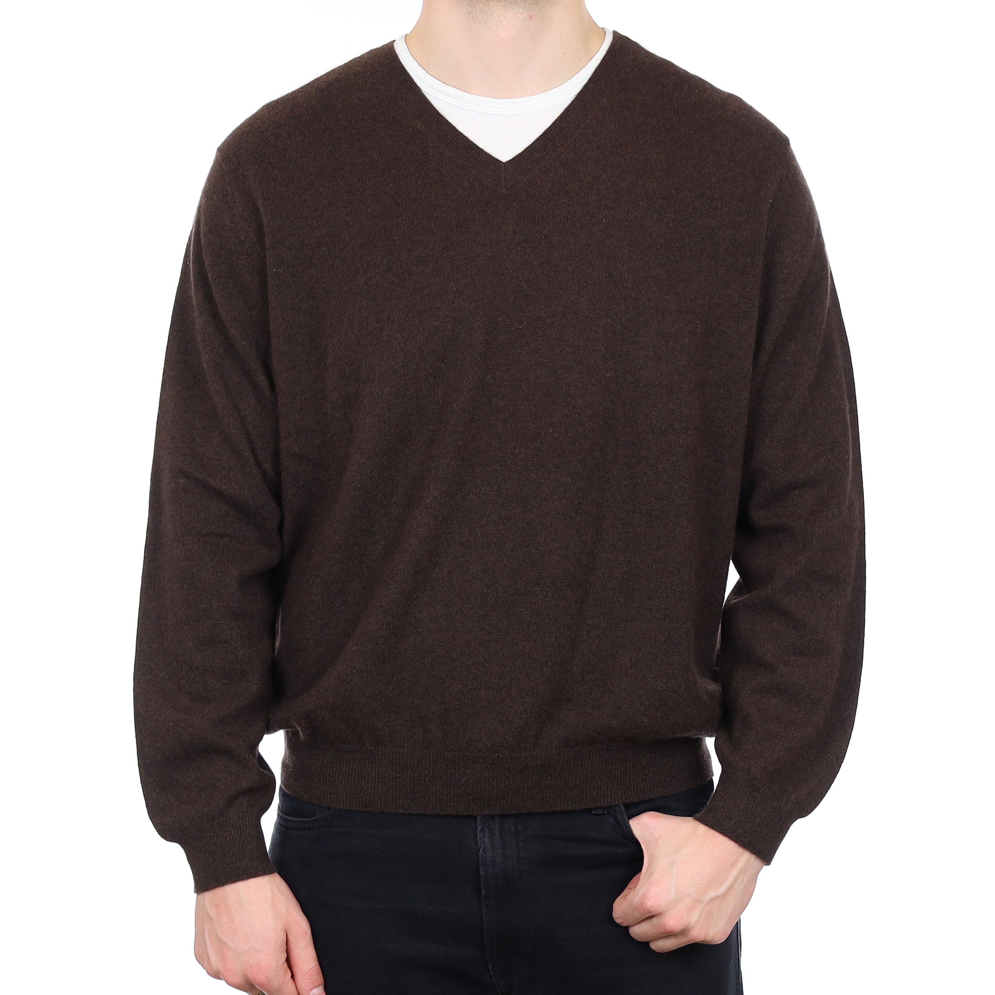 Men's Peppercorn Brown Cashmere V Neck Jumper XL