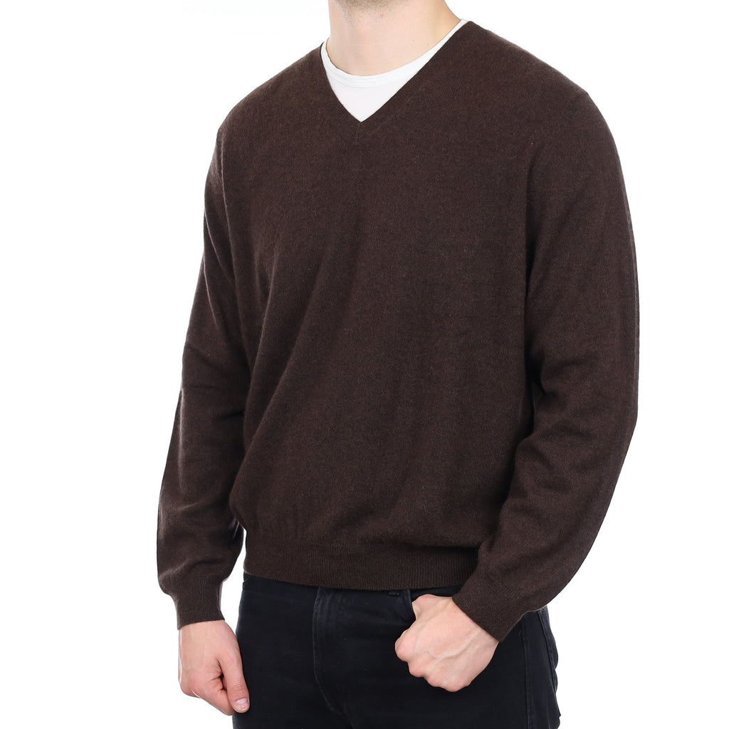 Men's Peppercorn Brown Cashmere V Neck Jumper XL
