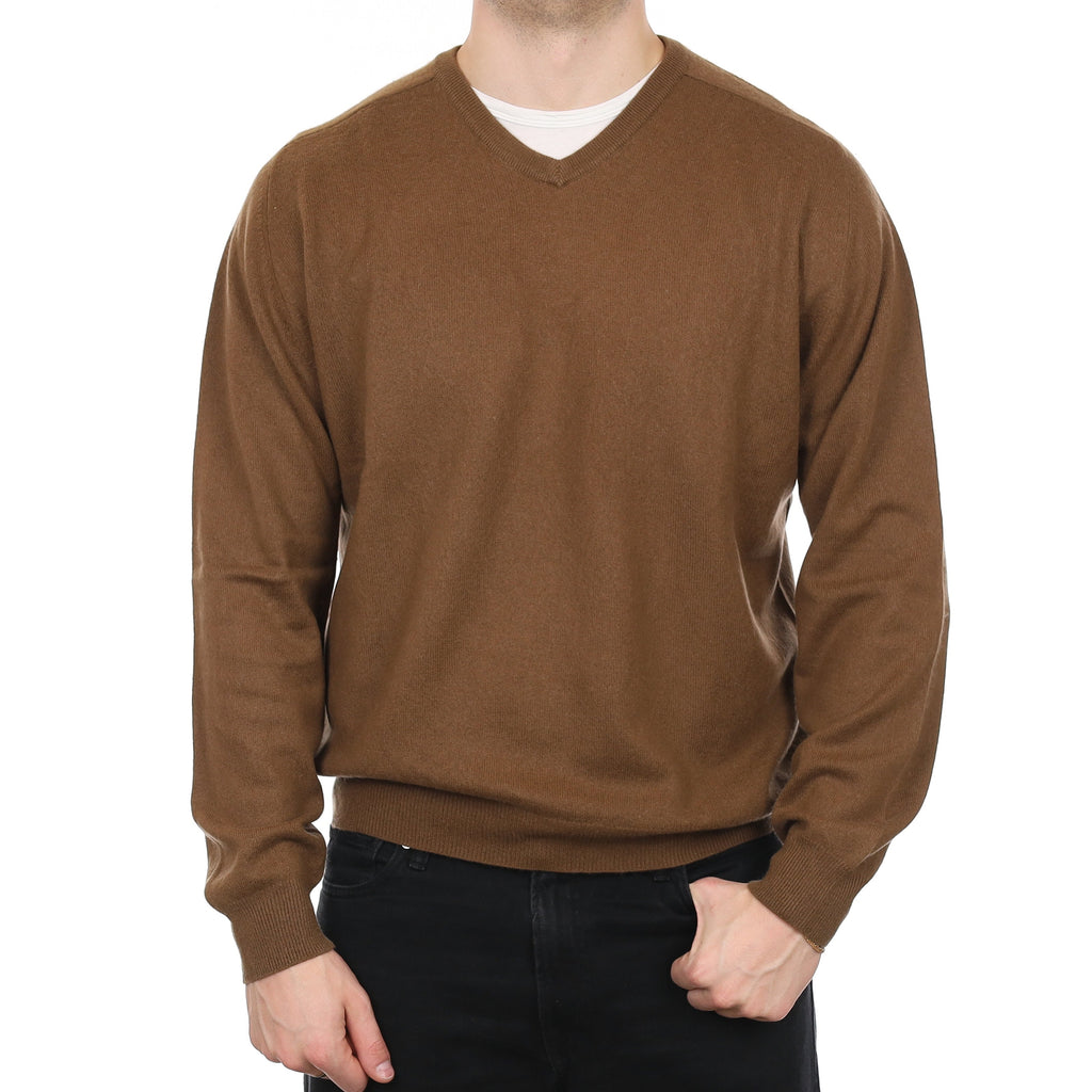 Men's Milk Chocolate Brown Cashmere V Neck Jumper XL