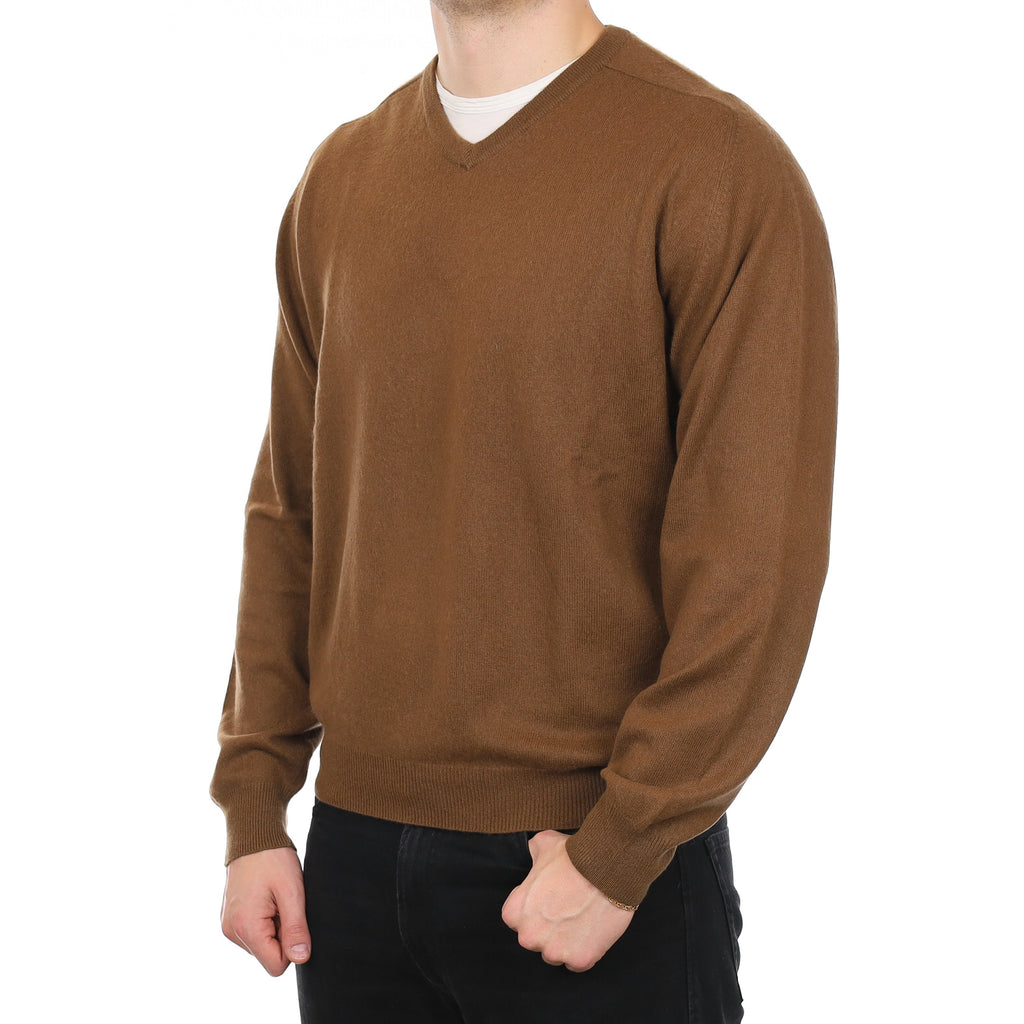 Men's Milk Chocolate Brown Cashmere V Neck Jumper XL