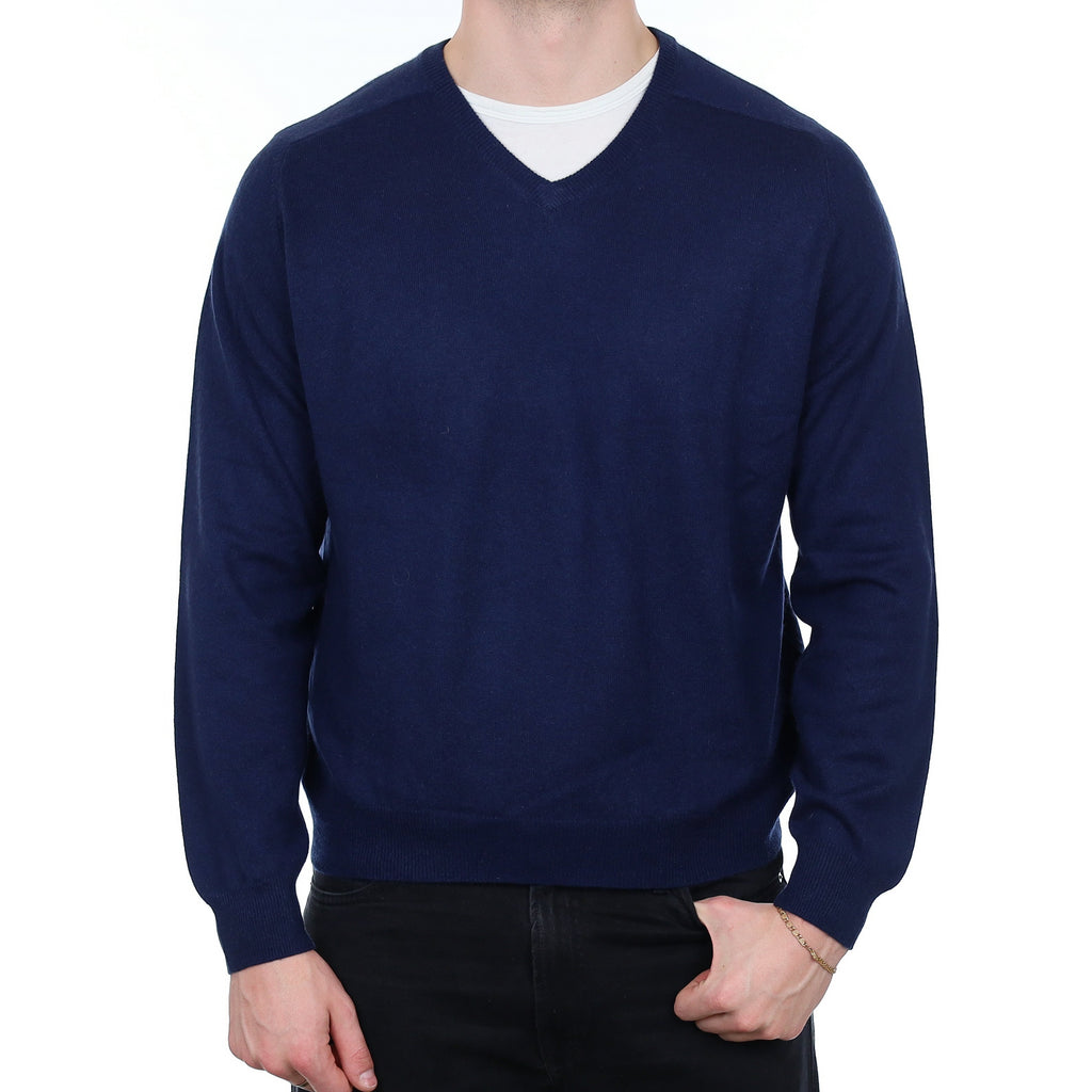 Men's French Navy Cashmere V Neck Jumper XL