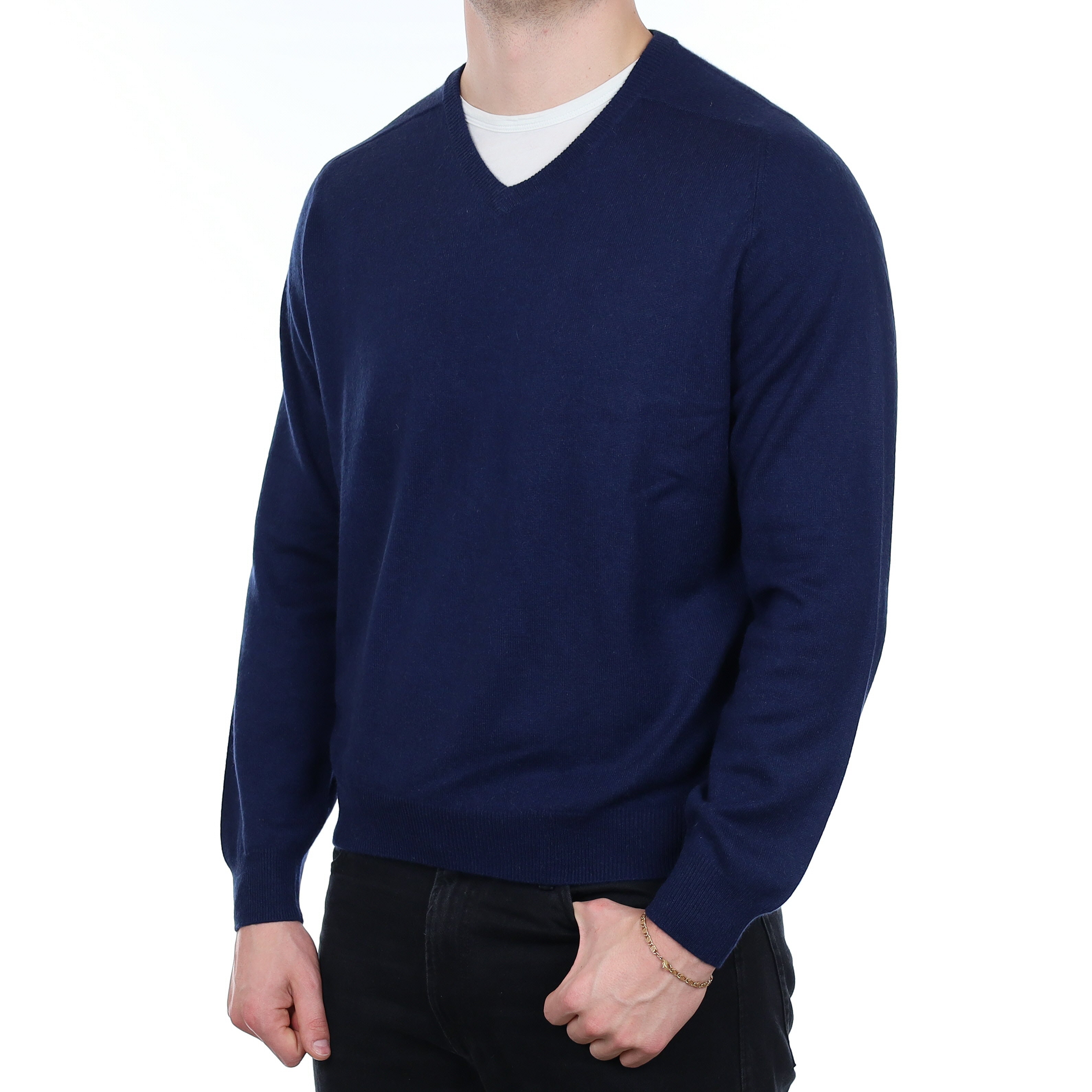 Men's French Navy Cashmere V Neck Jumper XL