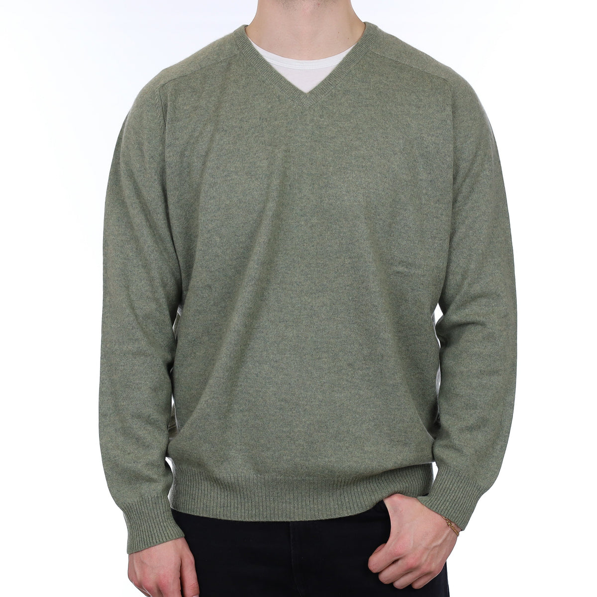 Men's Olive Green Marl Cashmere V Neck Jumper XL