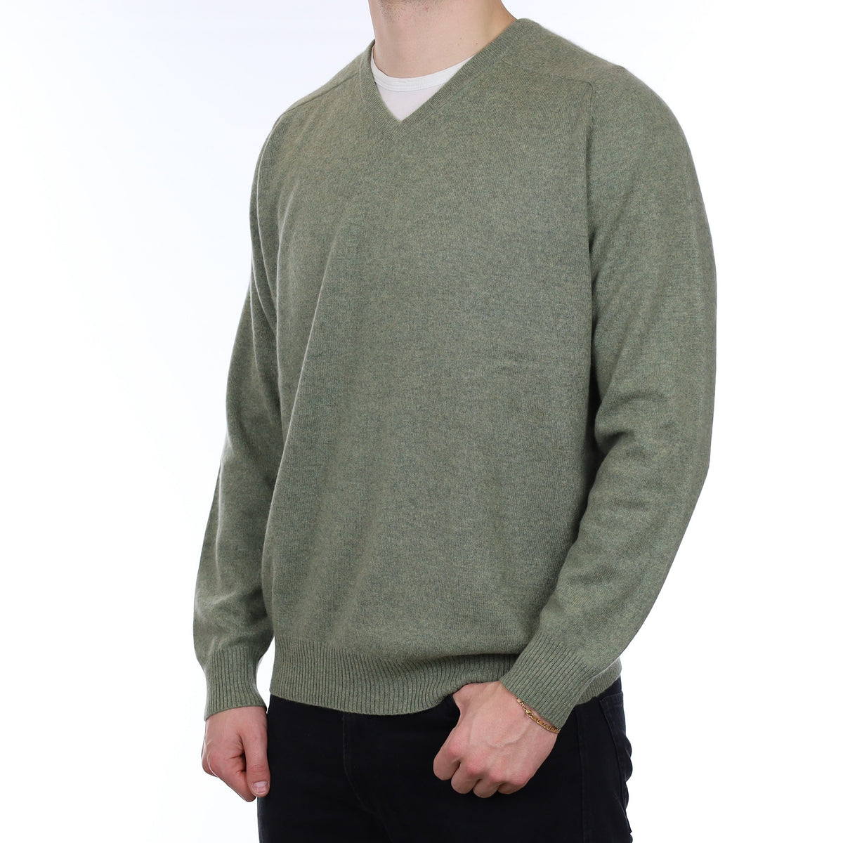 Men's Olive Green Marl Cashmere V Neck Jumper XL