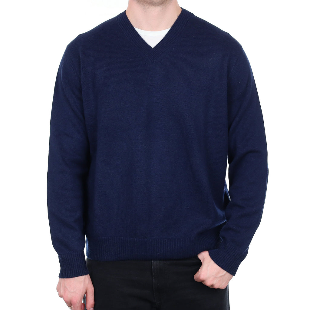 Men's Navy Heavy Knit Cashmere V Neck Jumper XL