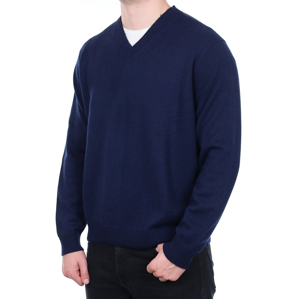 Men's Navy Heavy Knit Cashmere V Neck Jumper XL