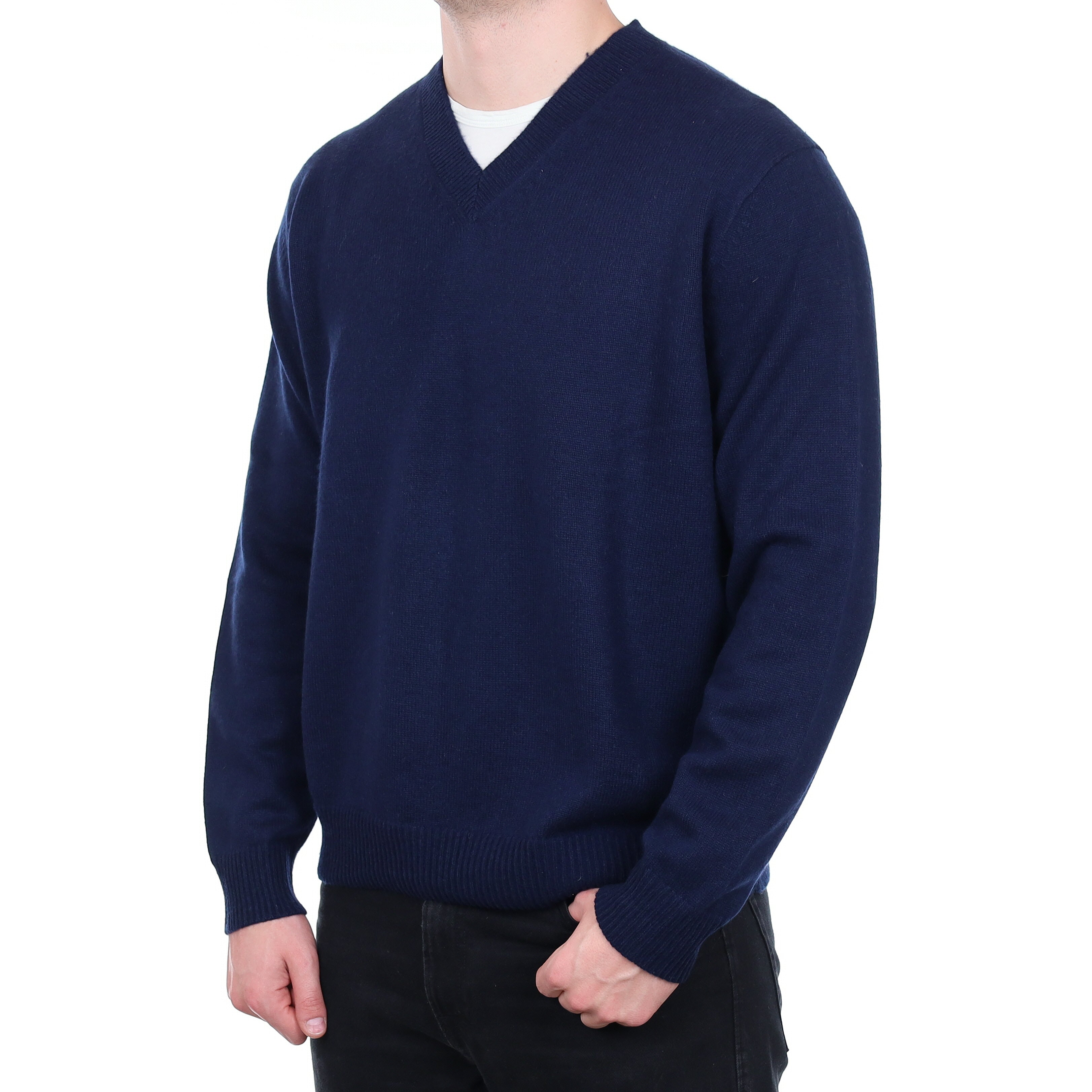 Men's Navy Heavy Knit Cashmere V Neck Jumper XL