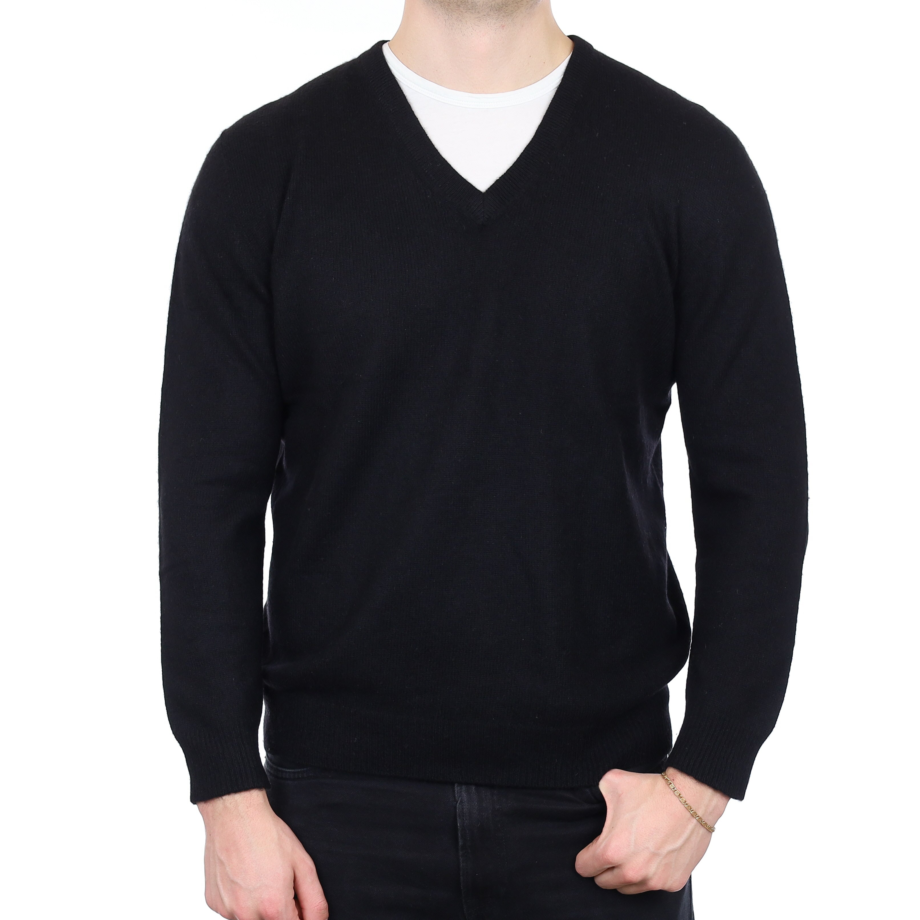 Men's Black Cashmere V Neck Jumper XL