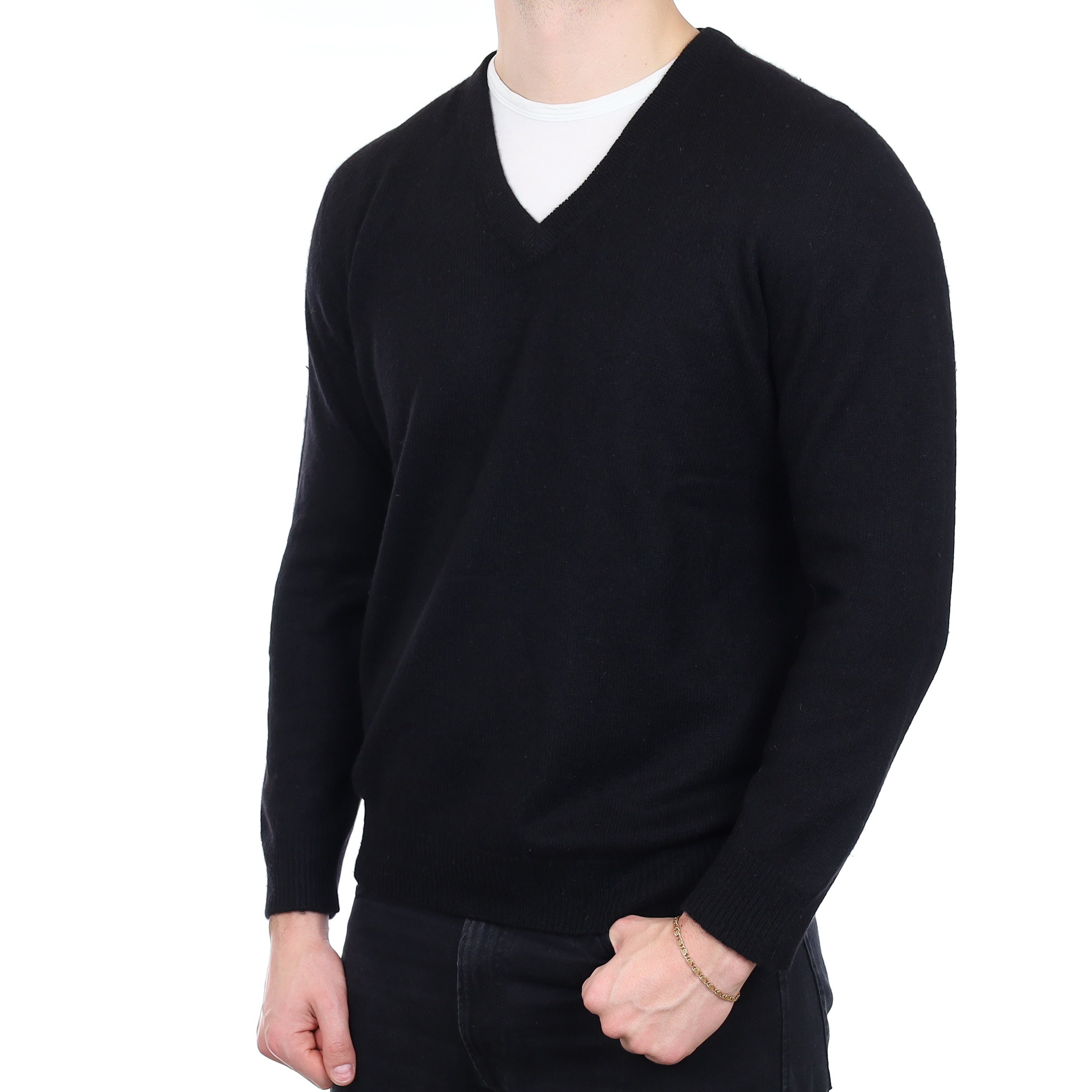 Men's Black Cashmere V Neck Jumper XL