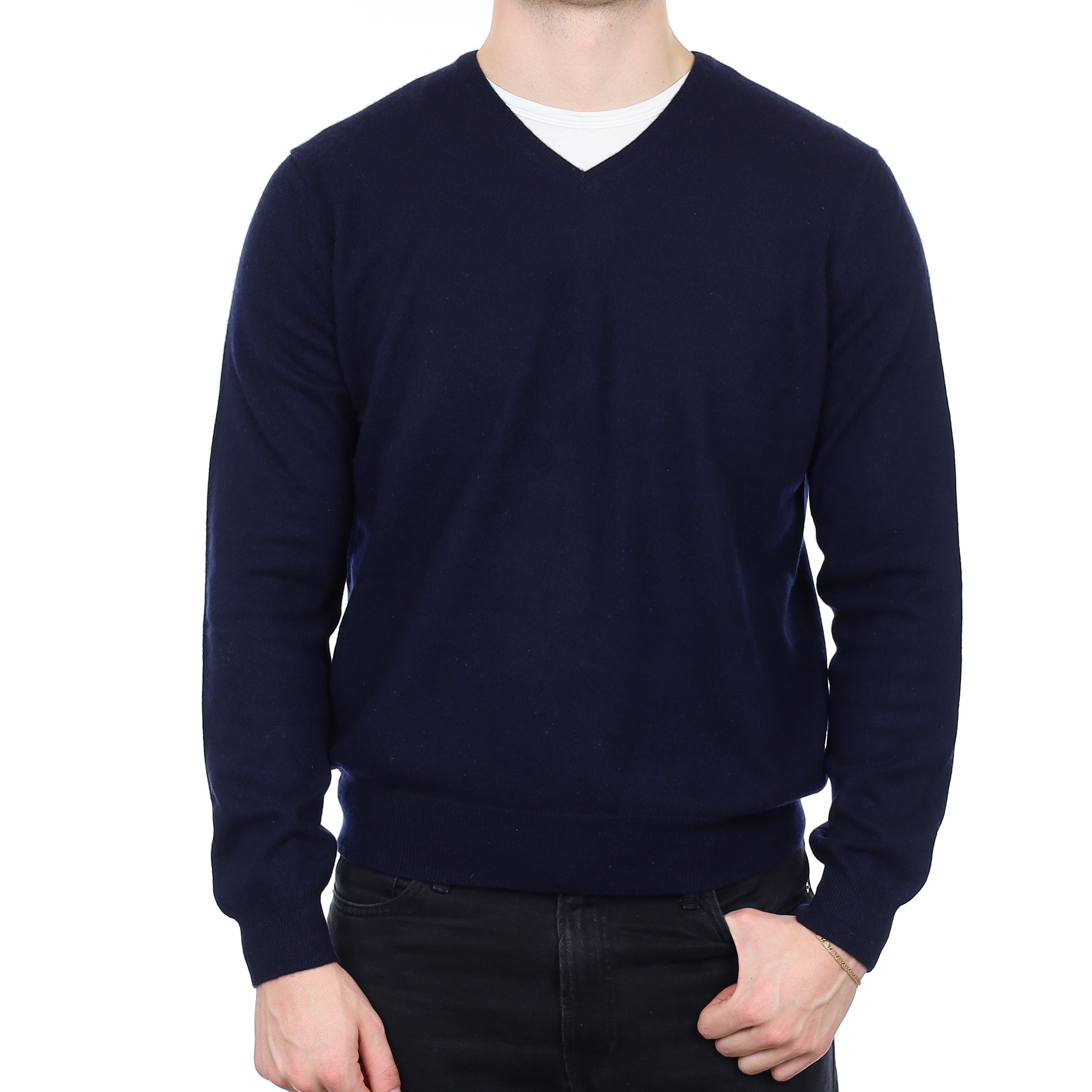 Men's Dark Navy Cashmere V Neck Jumper XL