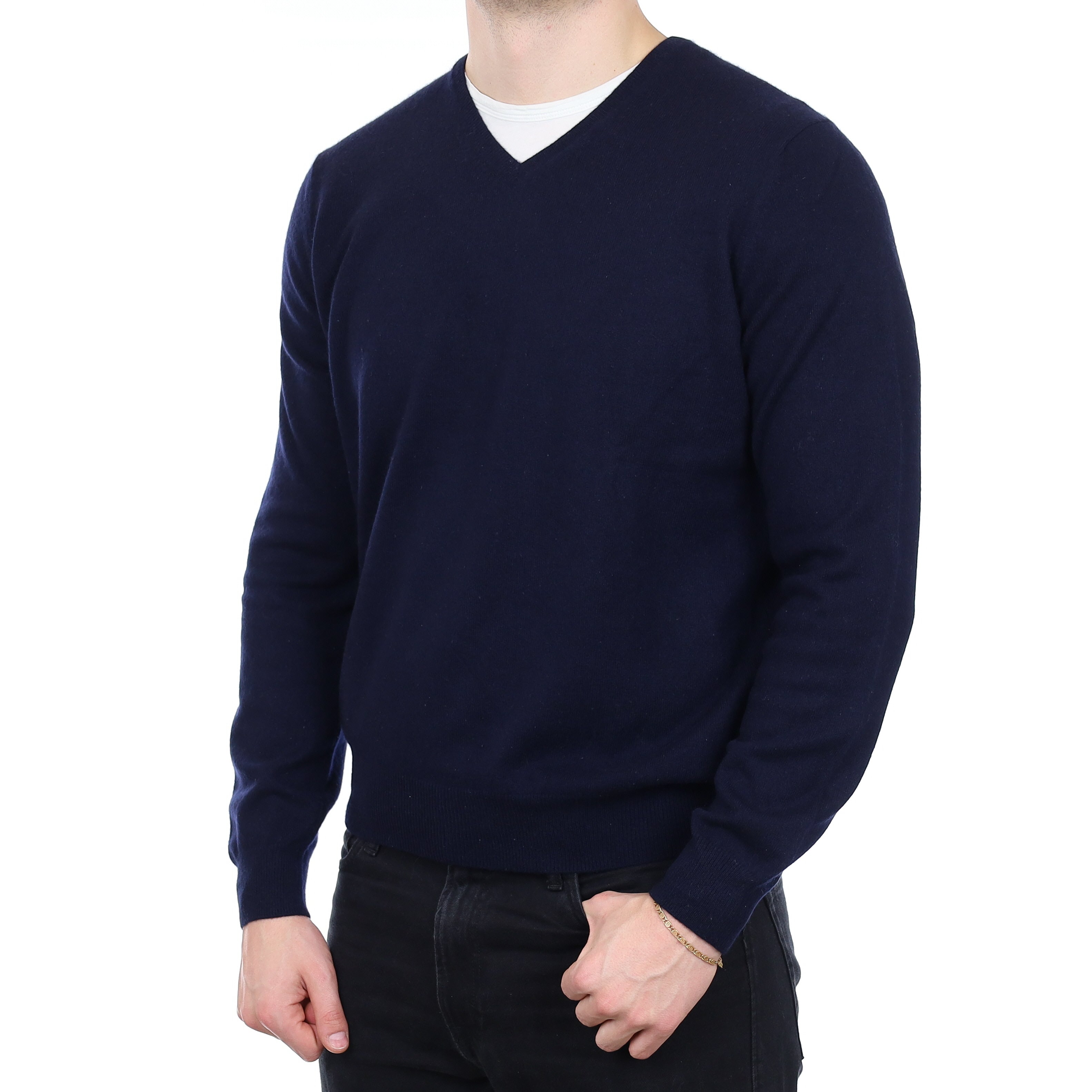 Men's Dark Navy Cashmere V Neck Jumper XL