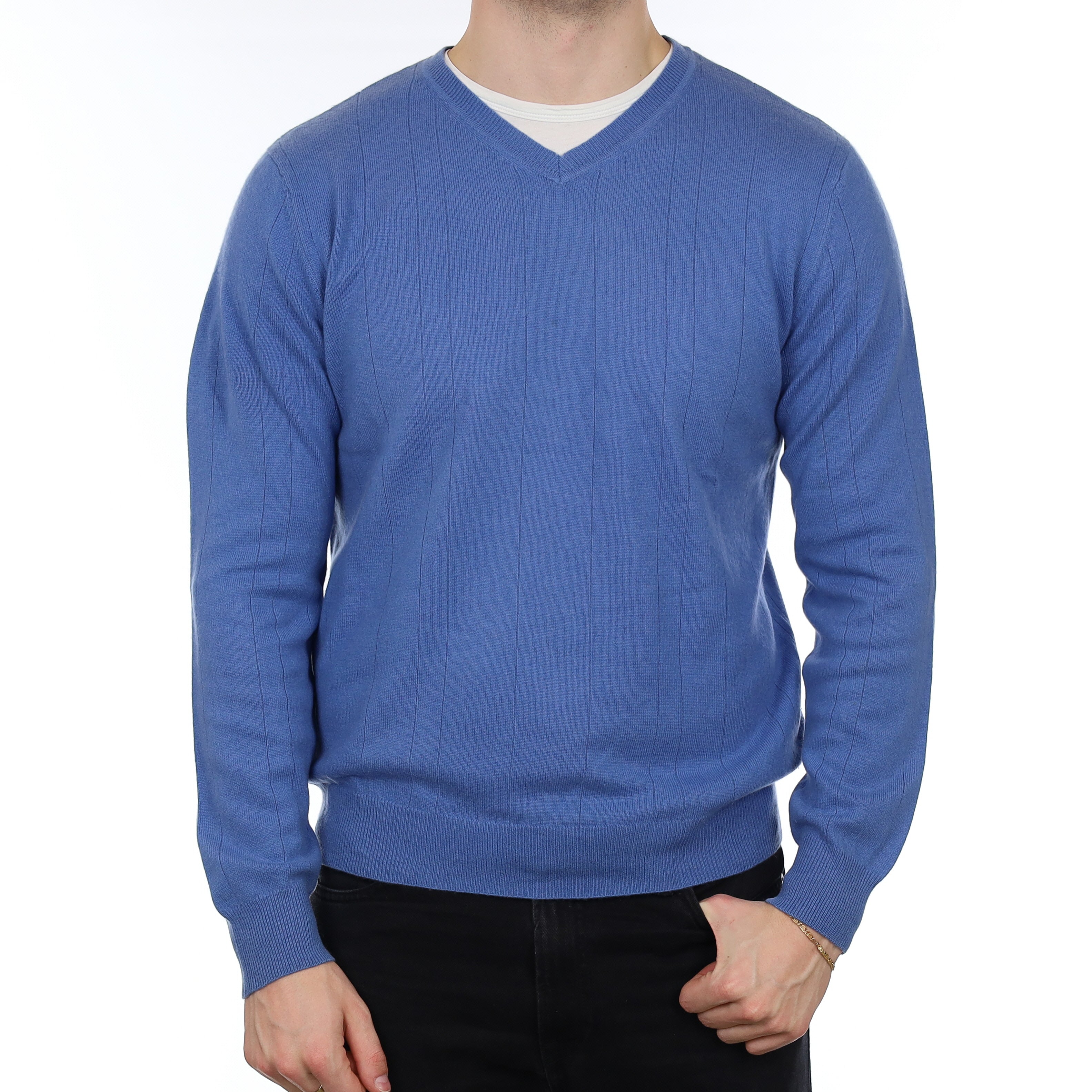 Men's Cornflower Blue Rib Cashmere V Neck Jumper XL