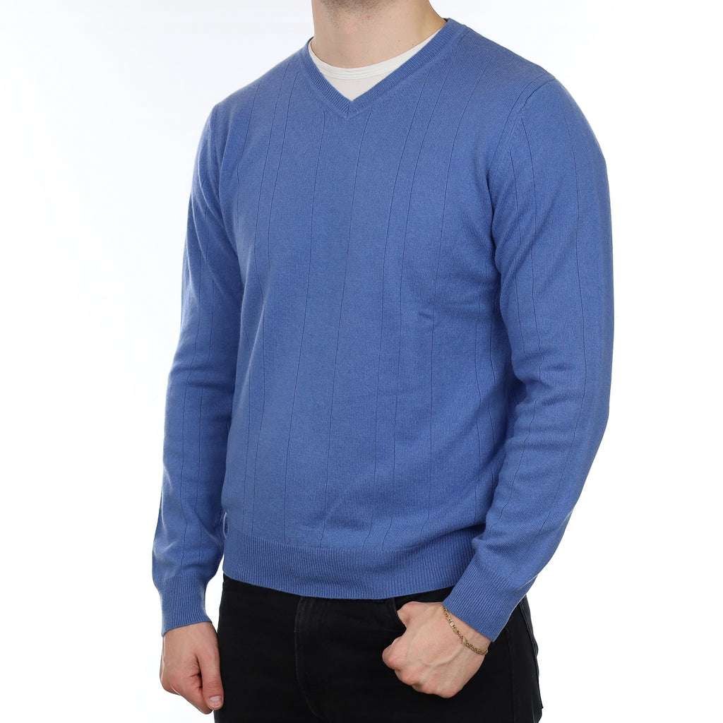 Men's Cornflower Blue Rib Cashmere V Neck Jumper XL