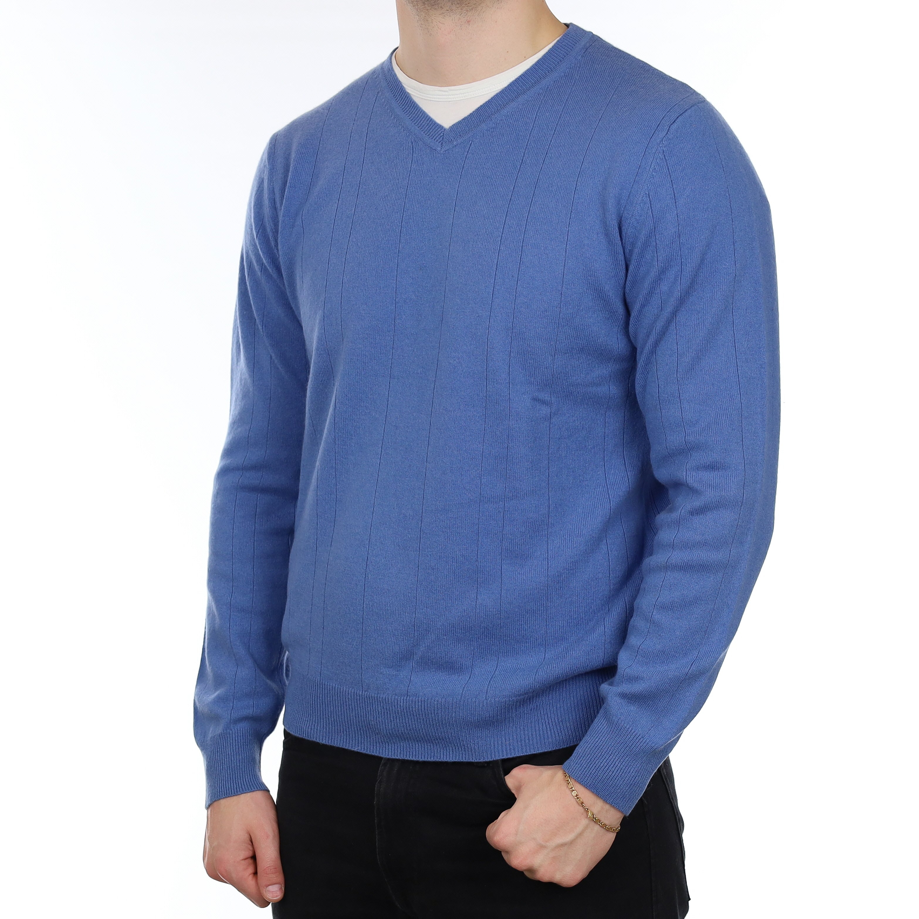 Men's Cornflower Blue Rib Cashmere V Neck Jumper XL