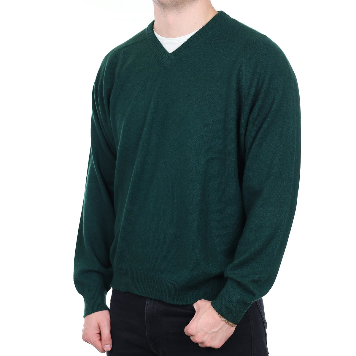 Men's Bottle Green Cashmere V Neck Jumper XL