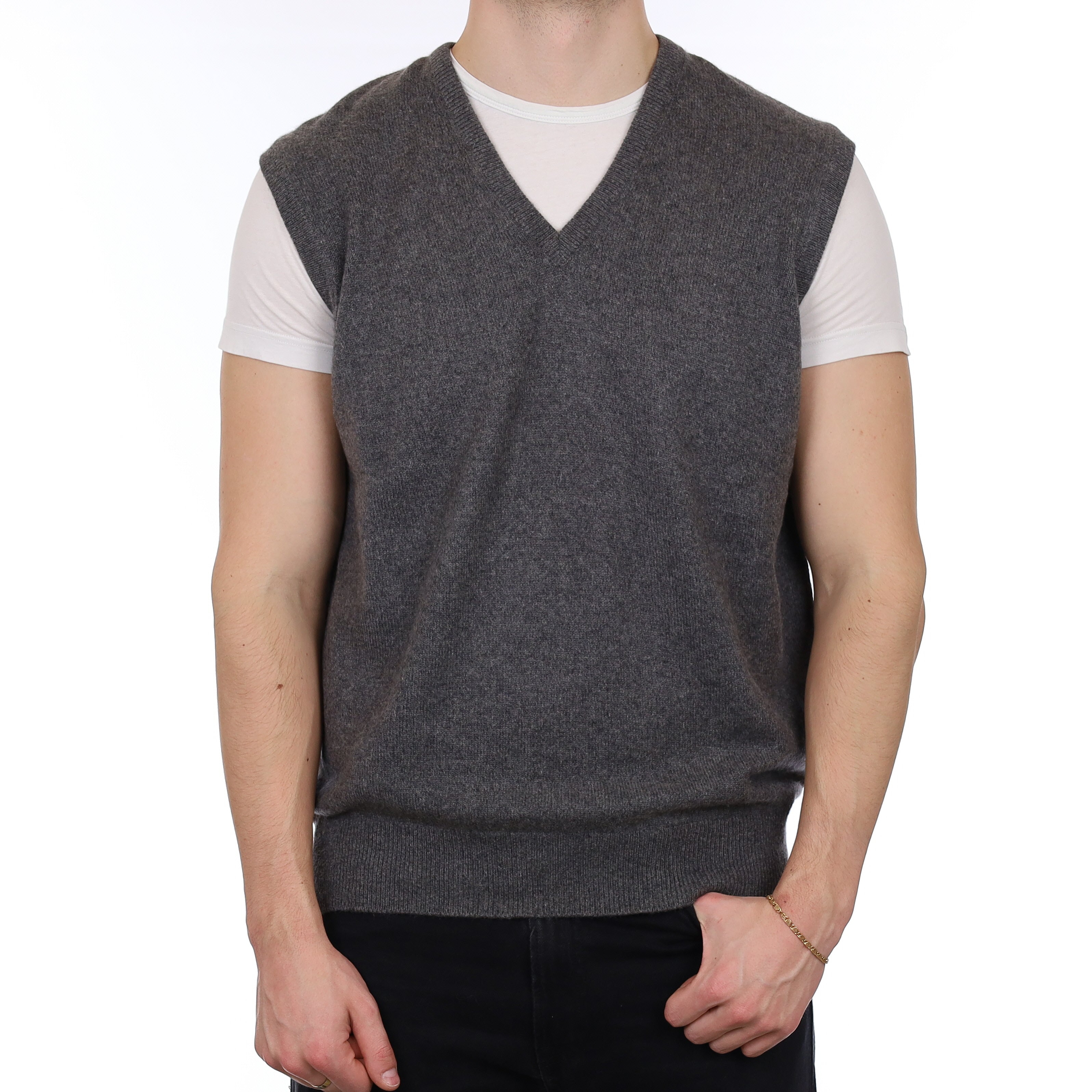 Men's Scottish Grey Heavy Knit Cashmere V Neck Tank Top XL