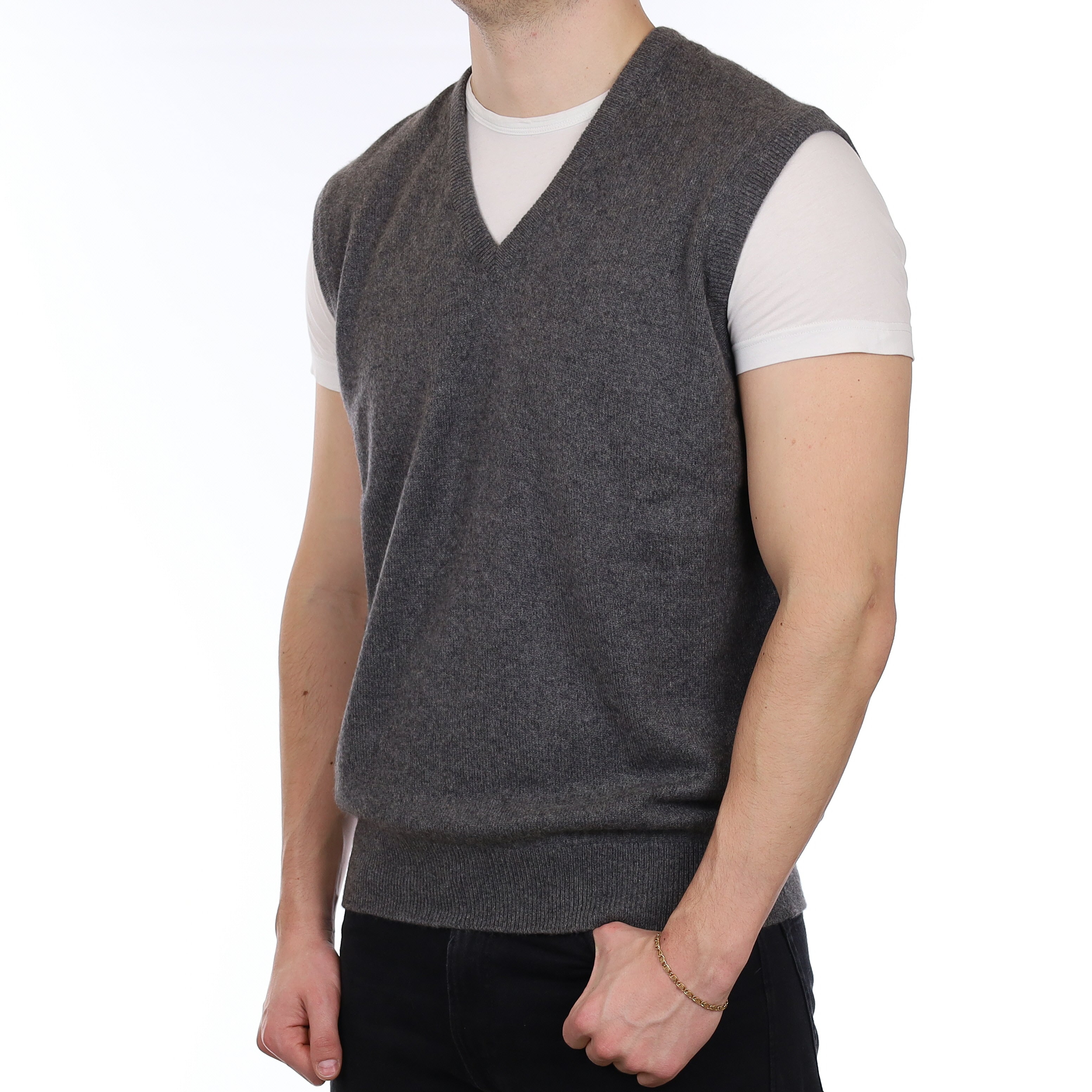 Men's Scottish Grey Heavy Knit Cashmere V Neck Tank Top XL