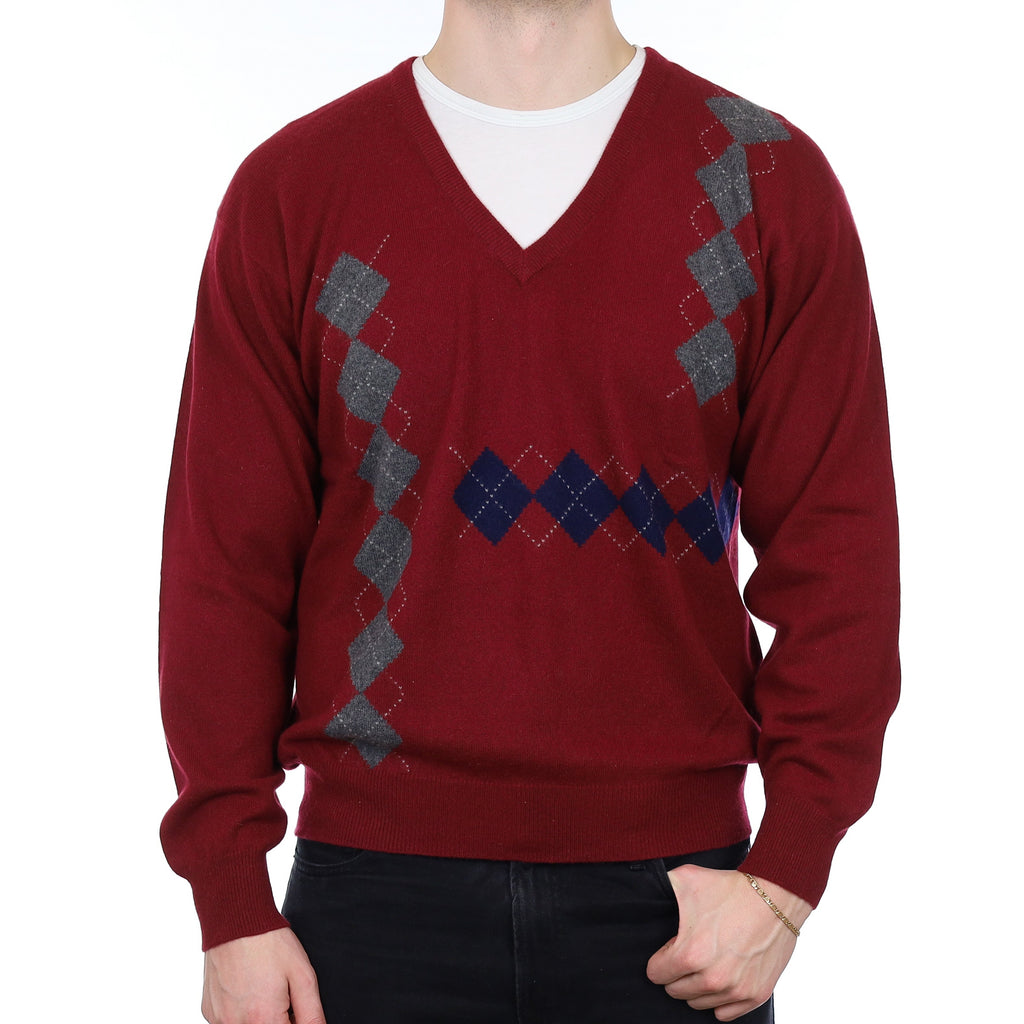 Men's Burgundy Diamond Cashmere V Neck Jumper XL