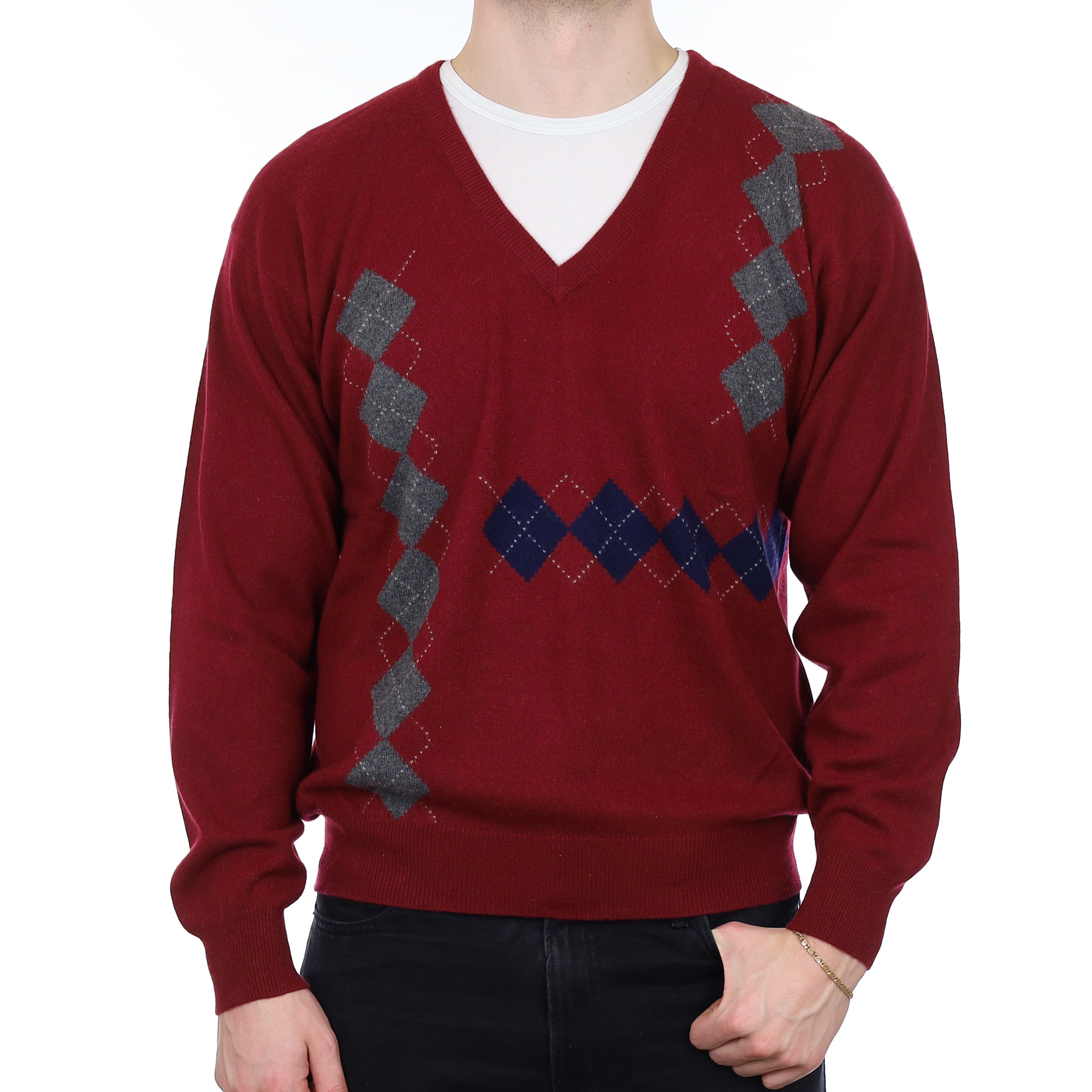 Men's Burgundy Diamond Cashmere V Neck Jumper XL