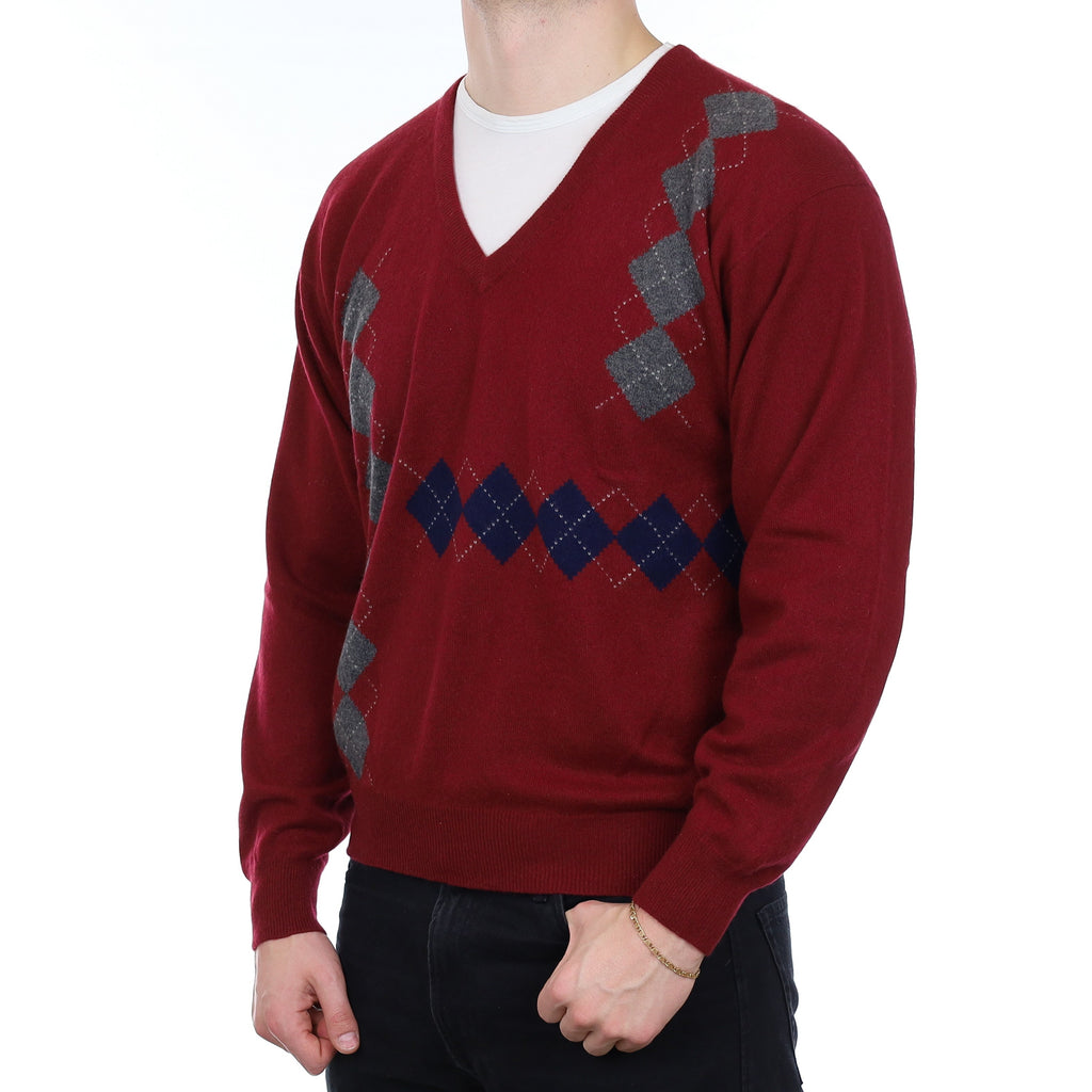 Men's Burgundy Diamond Cashmere V Neck Jumper XL